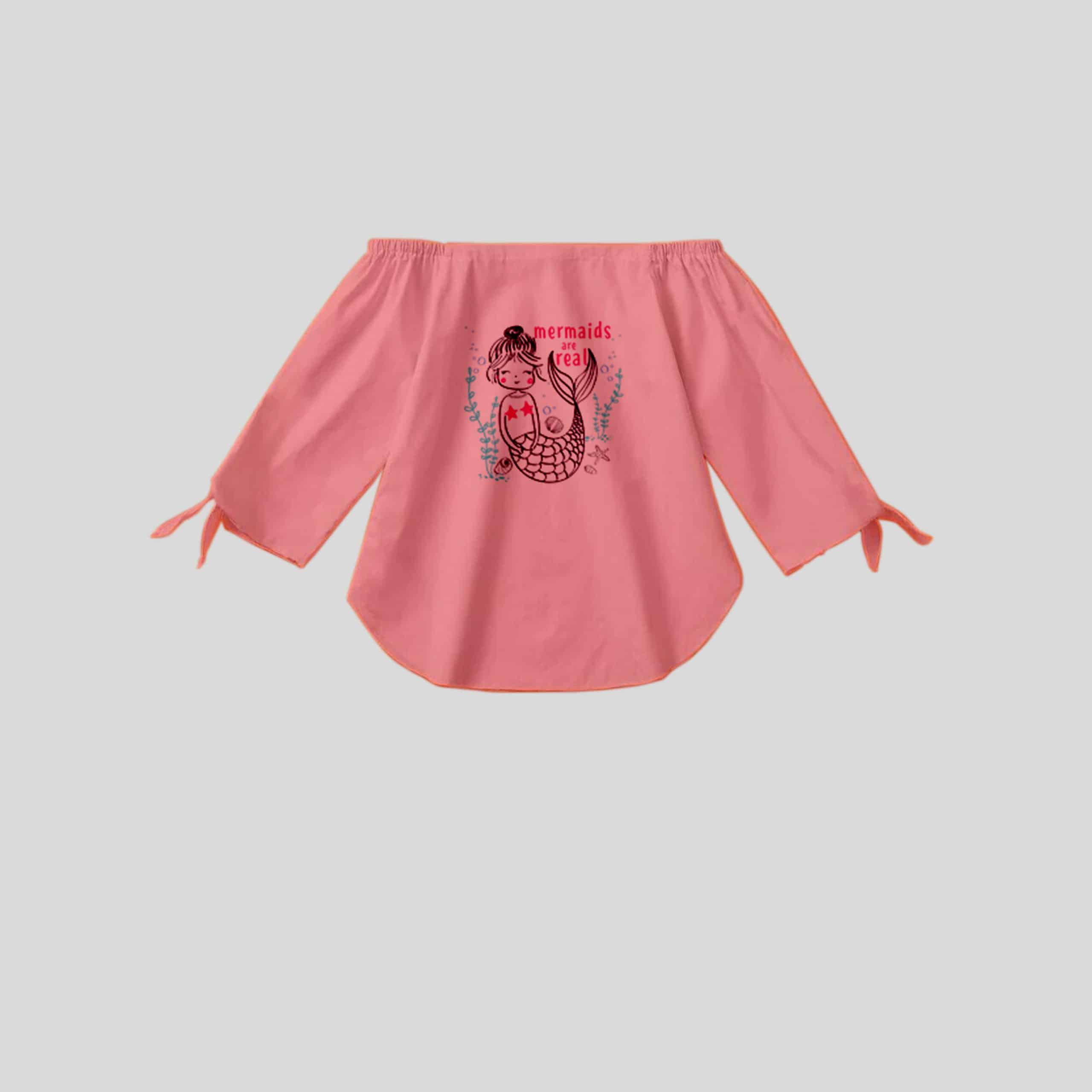 Girls pink off-shoulder top with cute print and full sleeves with bow detail-RKFCW239