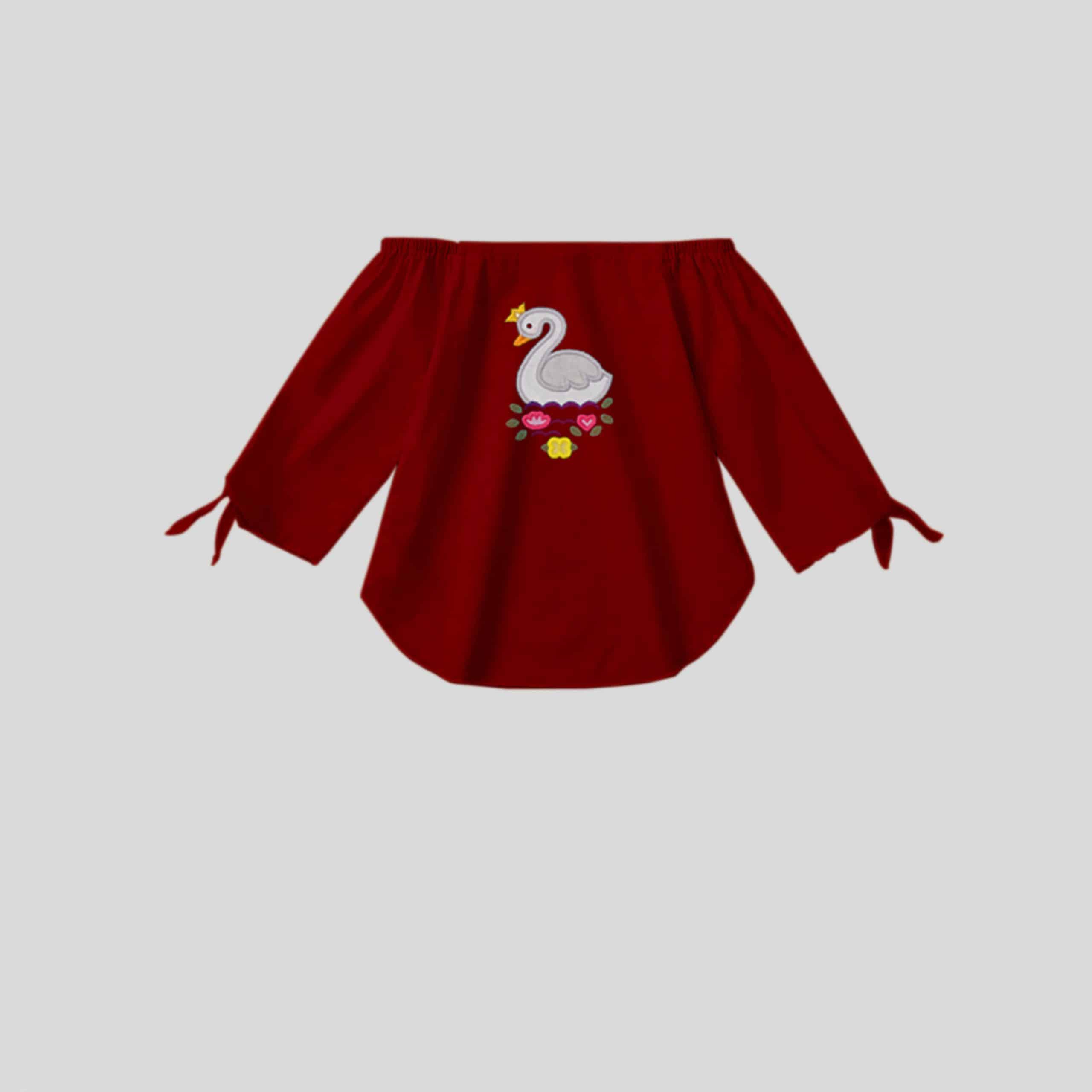 Girls maroon off-shoulder top with cute print and full sleeves with bow detail-RKFCW240
