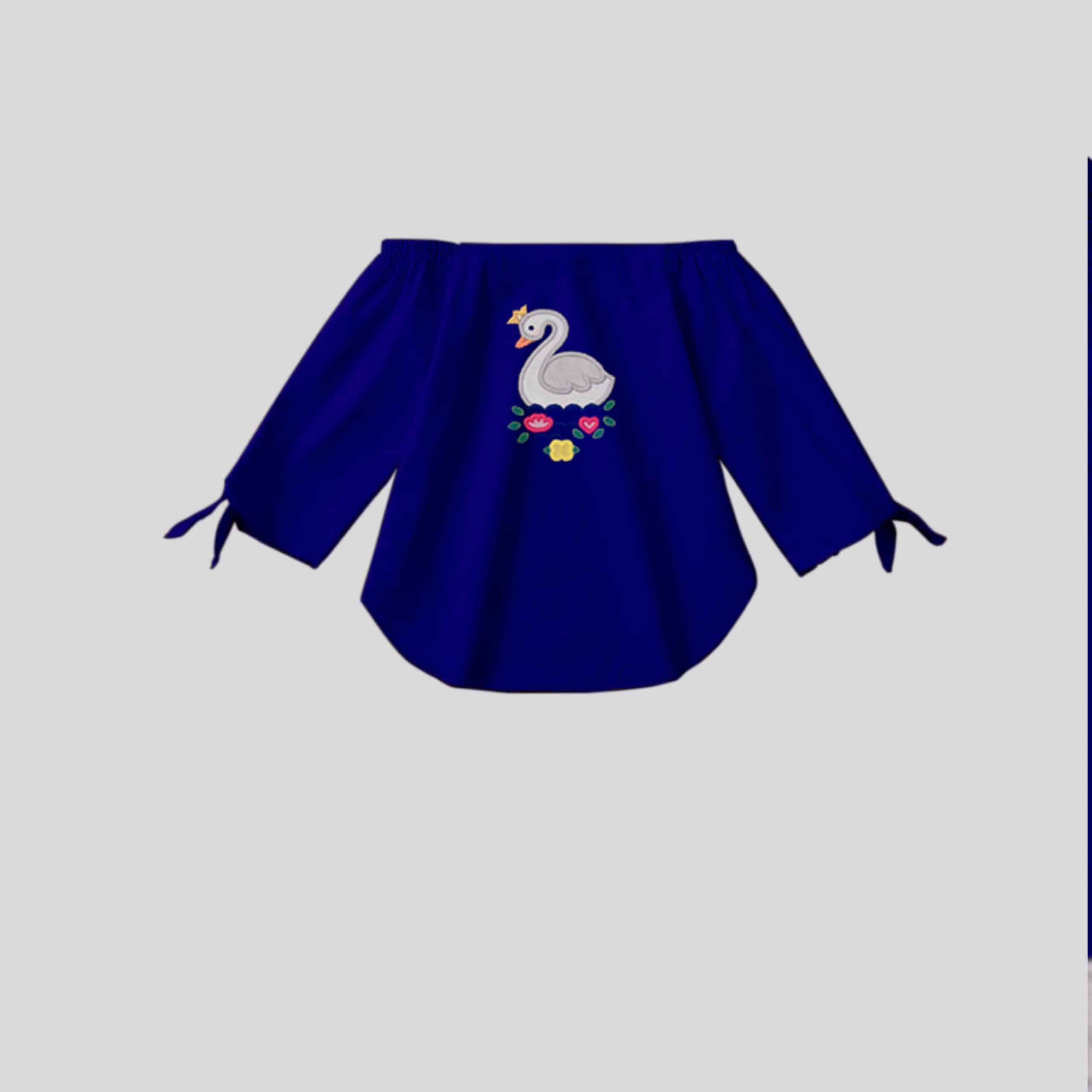 Girls blue off-shoulder top with a cute print and full sleeves with bow detail-RKFCW241