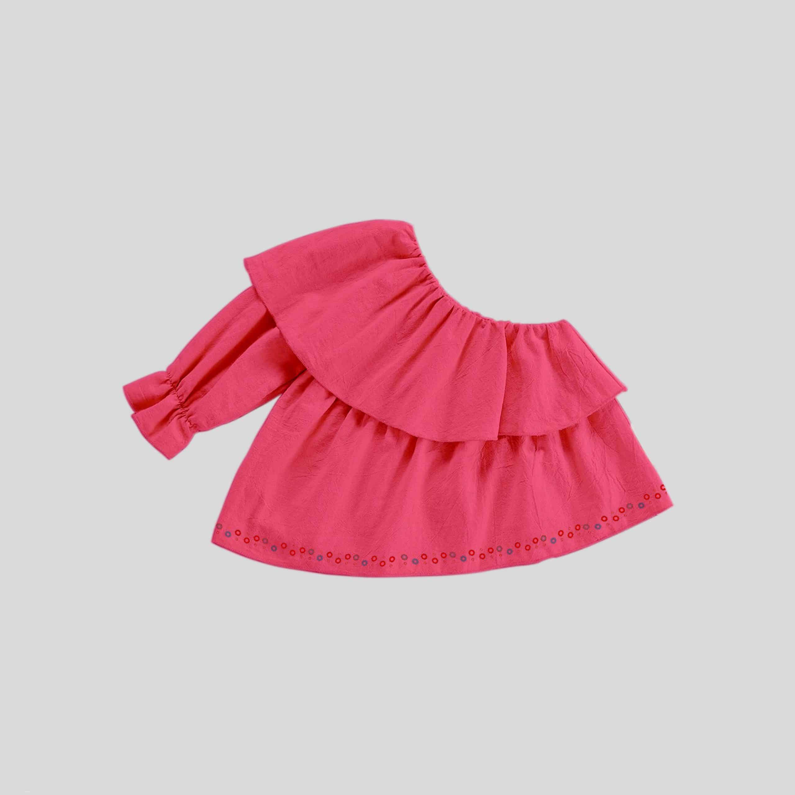 Girls one-shoulder pink frill top with cute floral print-RKFCW242