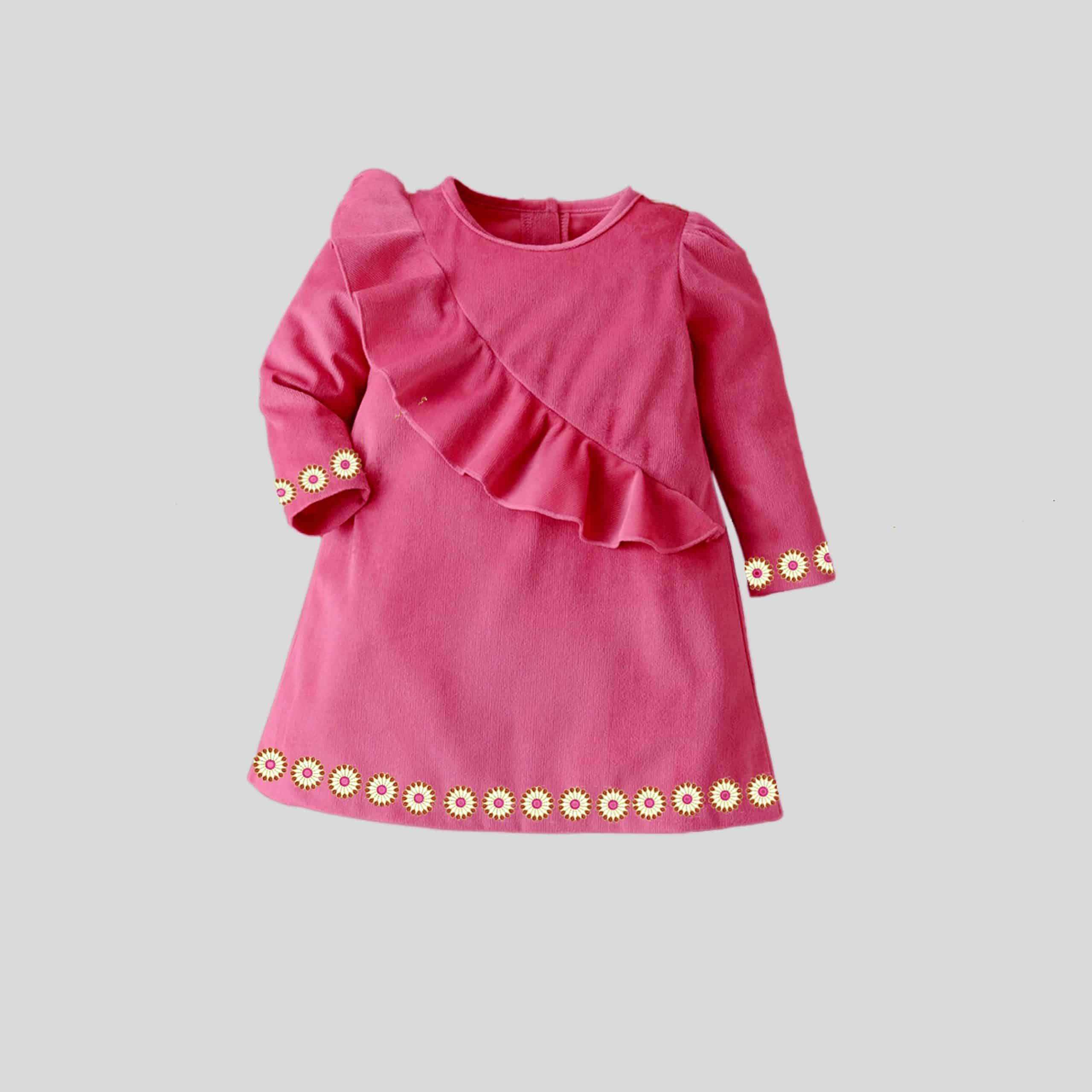 Girls full sleeves pink dress with frill sash detail and floral trim-RKFCW244
