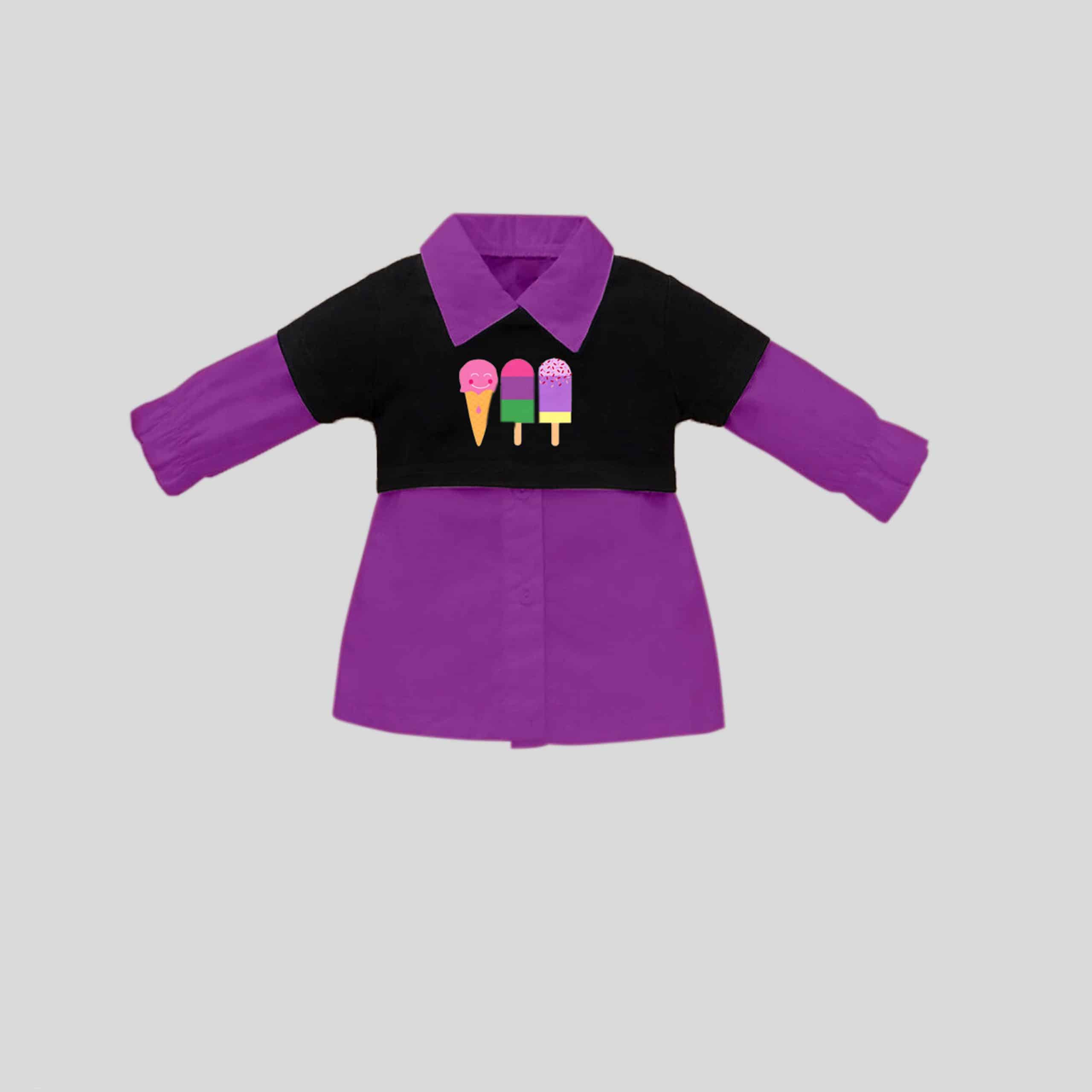 Girls purple full sleeves pointed collar shirt dress with black short sleeve cute print top set-RKFCW260