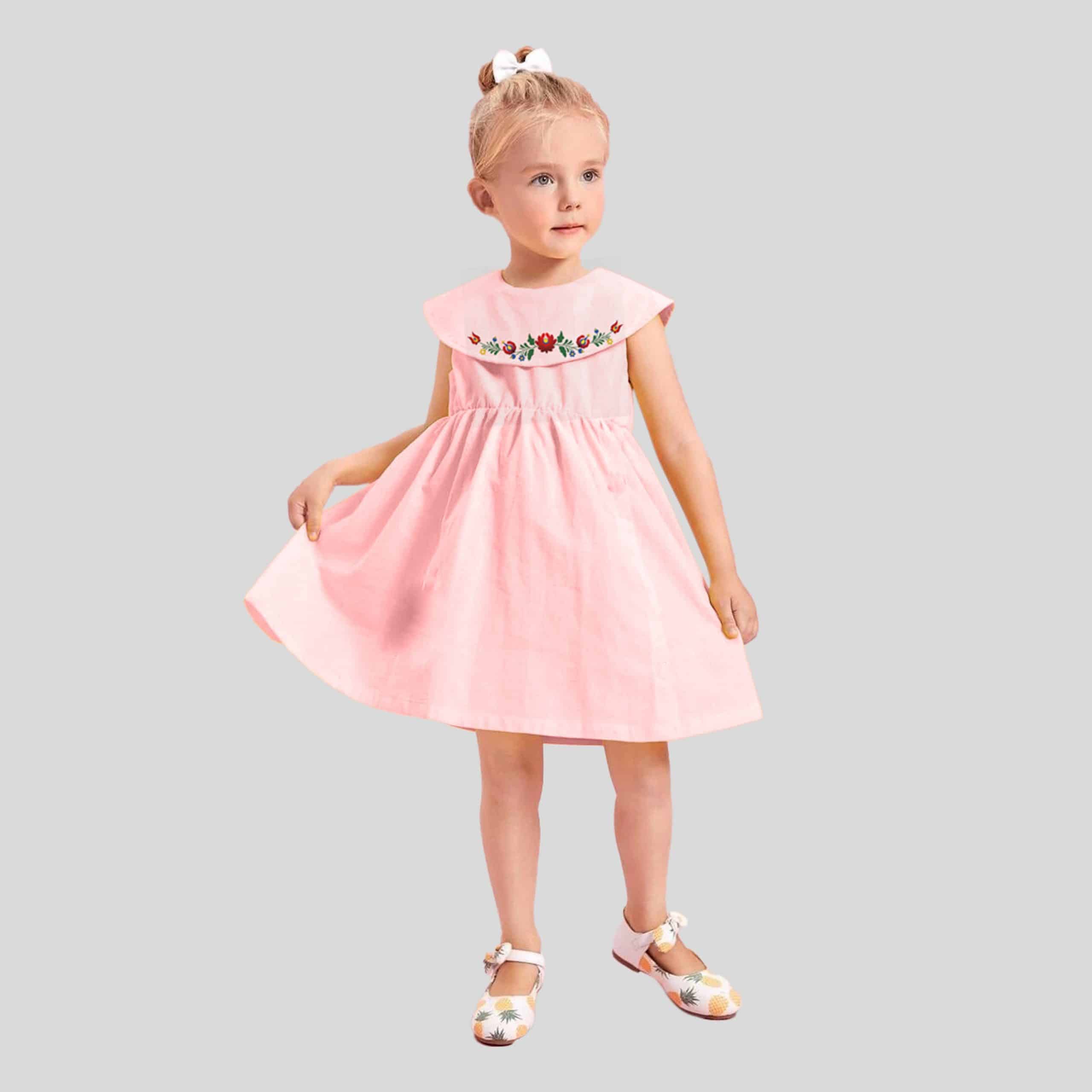 Girls bertha collar pink with floral print pretty dress-RKFCW261