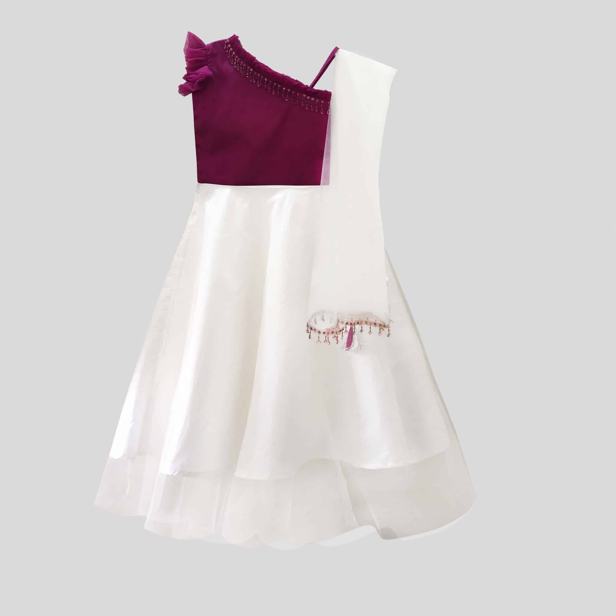 Girls maroon full top and white net lehenga set & dupatta - RKFCW292
