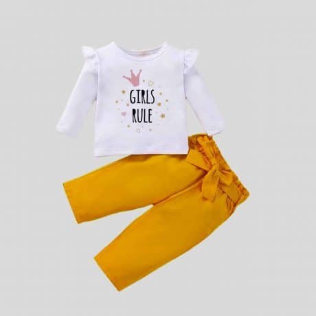 Girls white frill full sleeves top with yellow bow belt Pants set - RKFCW300