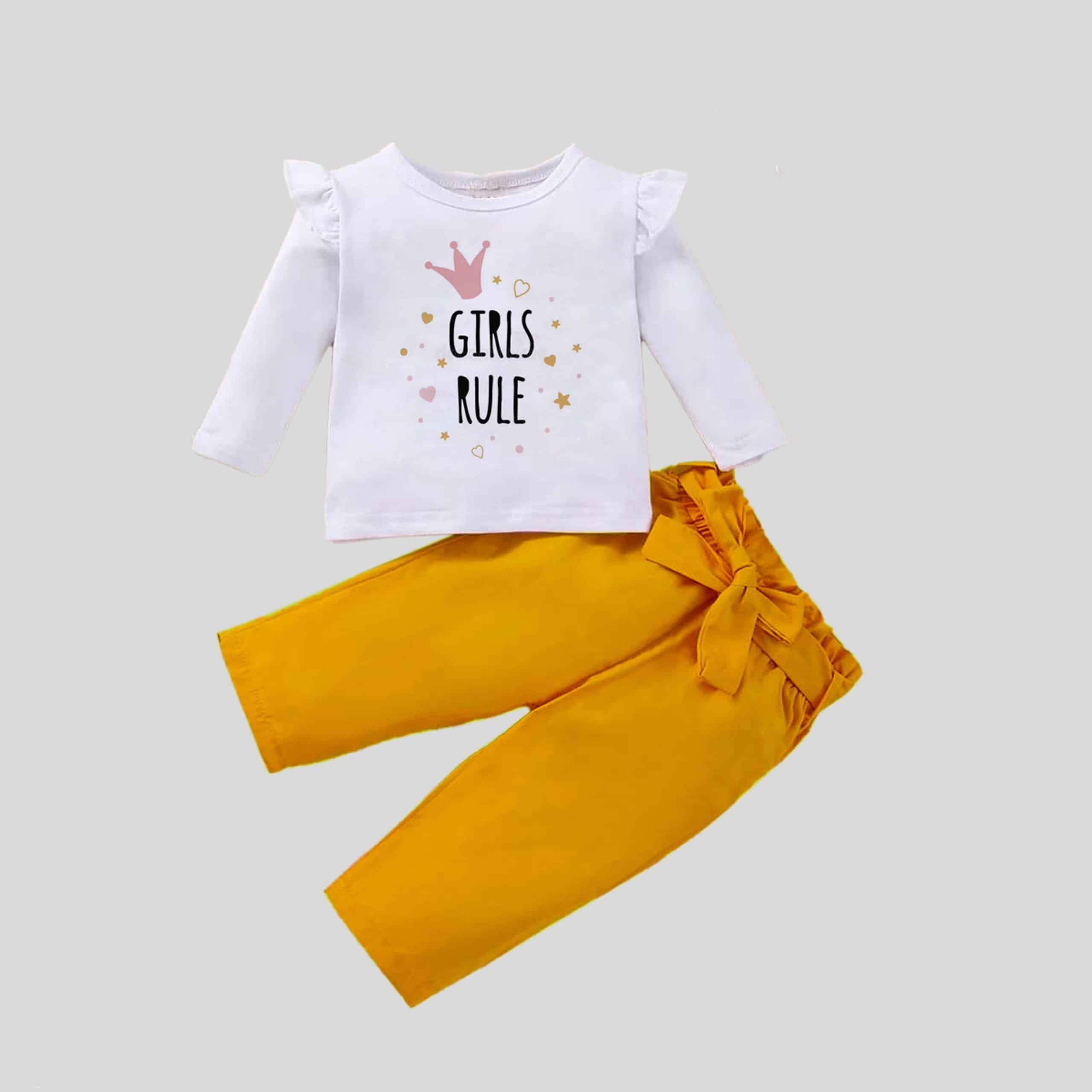 Girls white frill full sleeves top with yellow bow belt Pants set - RKFCW300