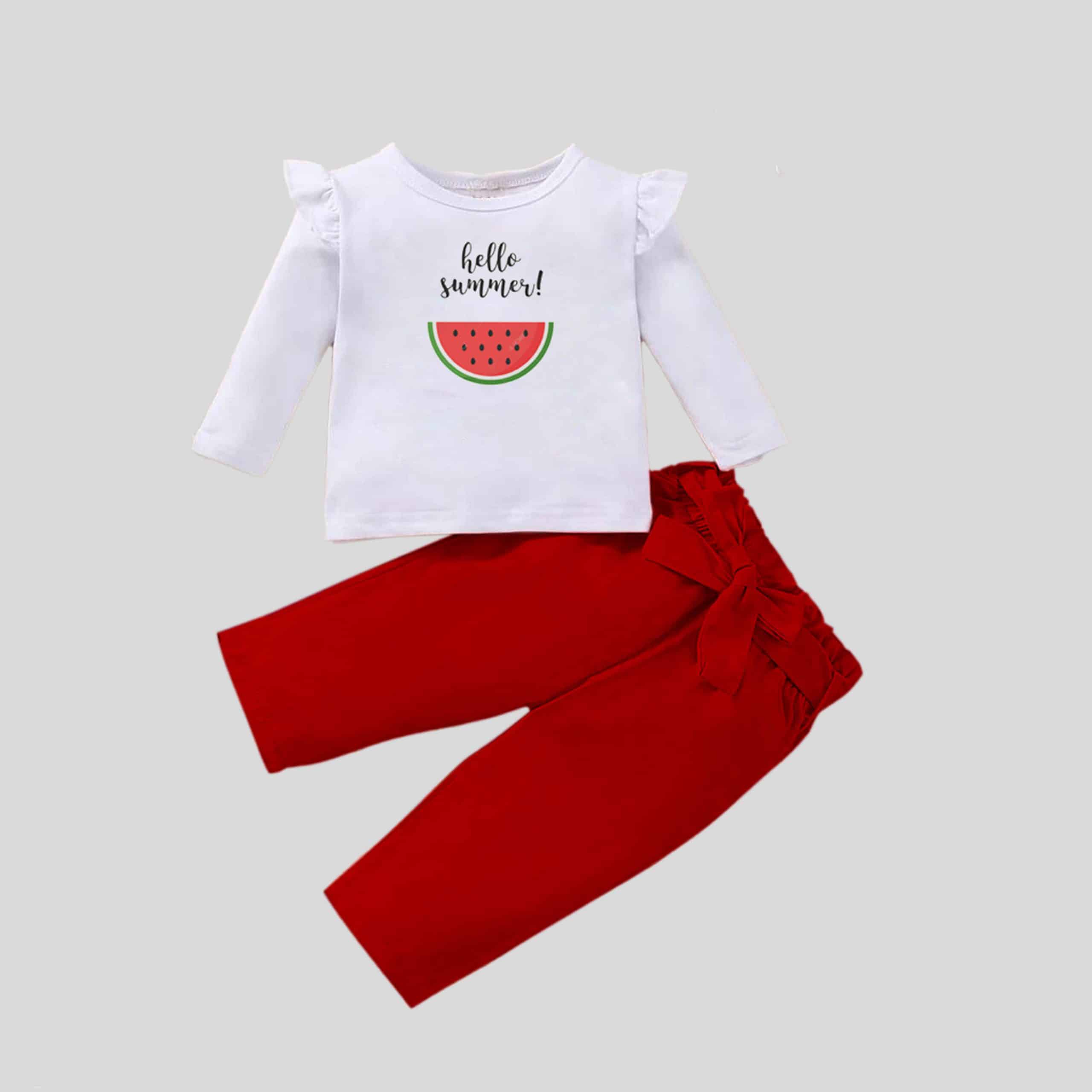 Girls white frill full sleeves top with maroon bow belt Pants set - RKFCW302