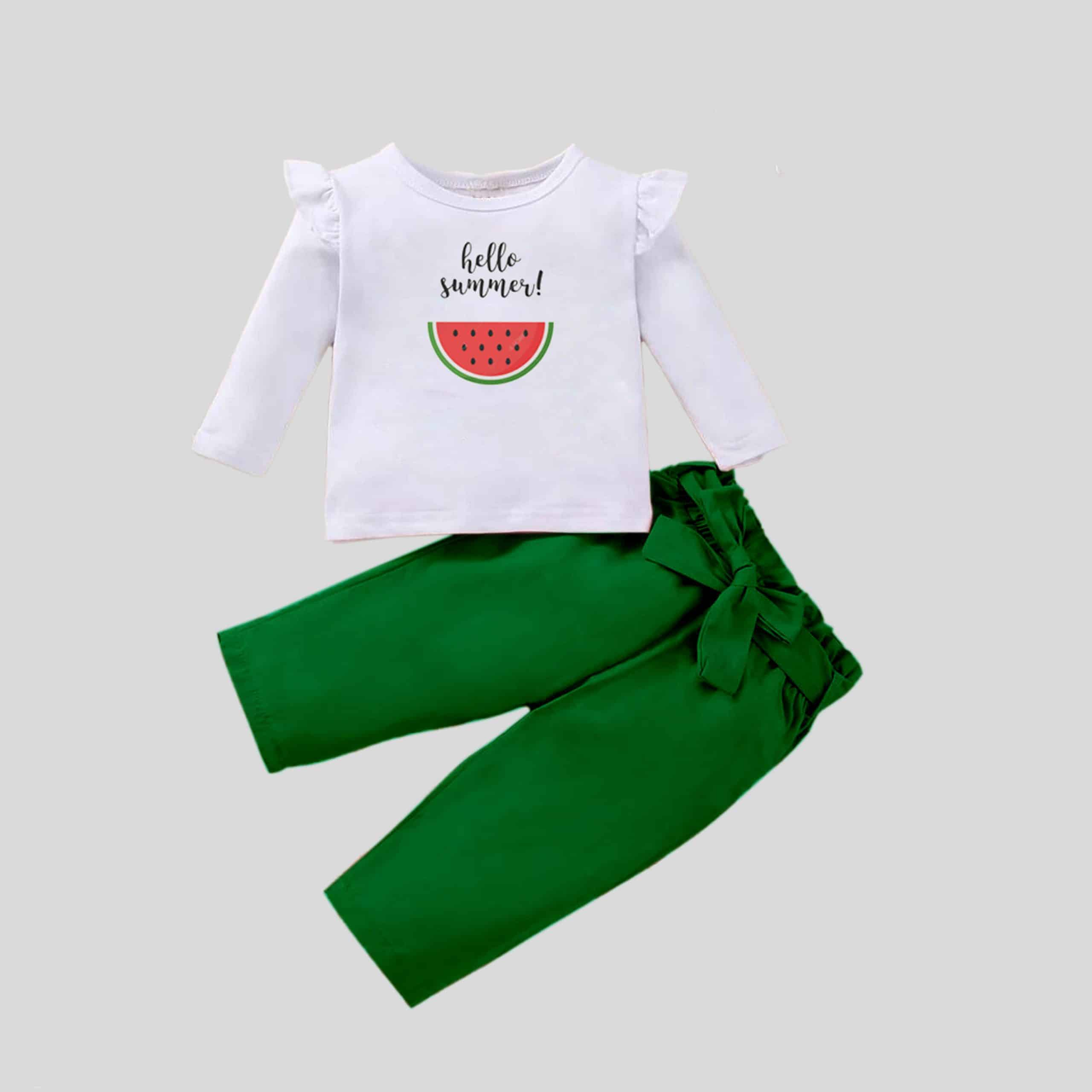 White Frill Full sleeves Girls  top with cute bow belt Pants set - RKFCW303