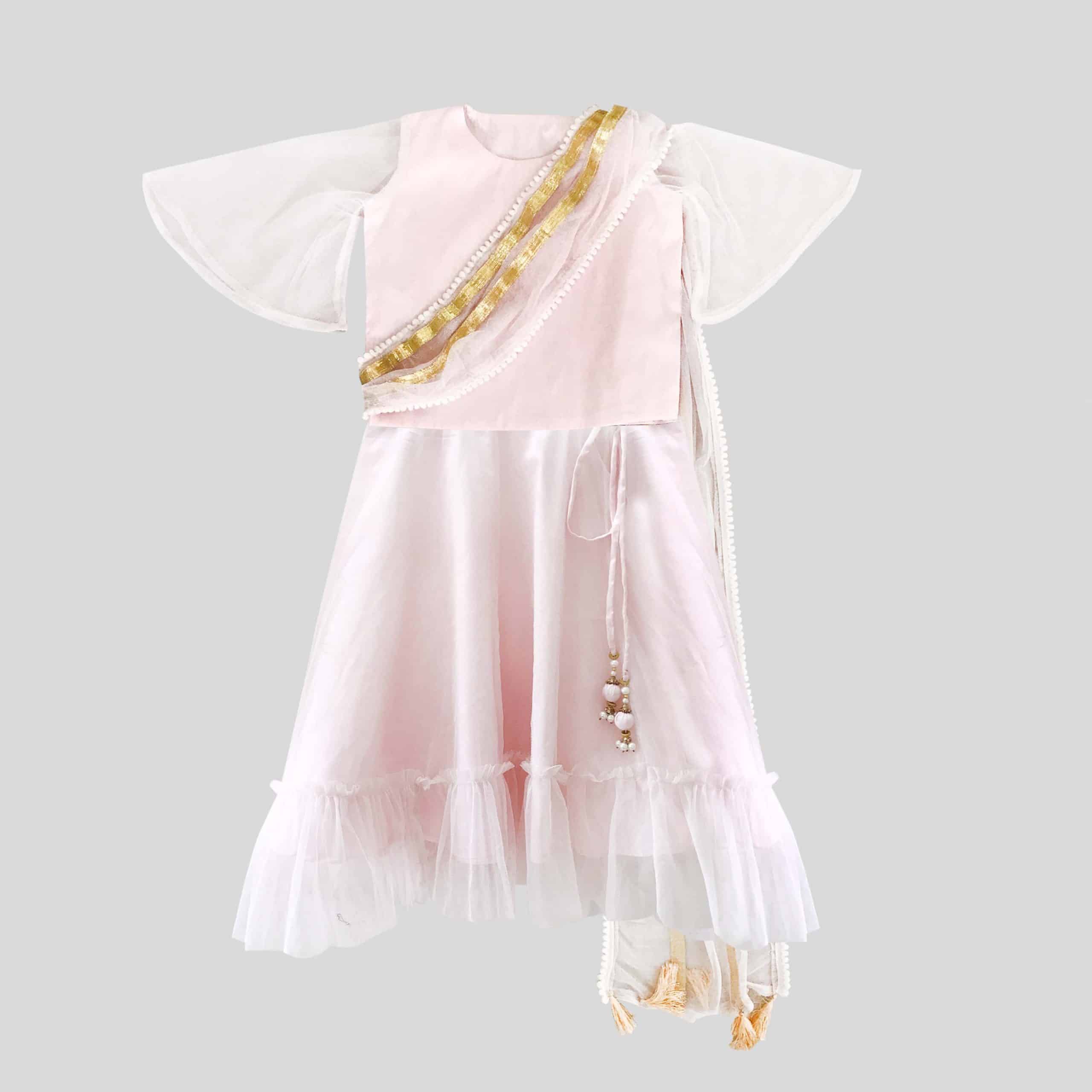 Girls very pretty light pink ethnic draped top and net overlay lehenga set-RKFCW307