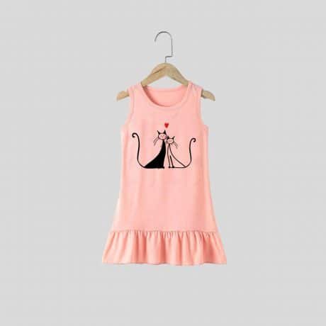Girls Pink Sleeveless Pretty Cat Print Dress - RKFCW312
