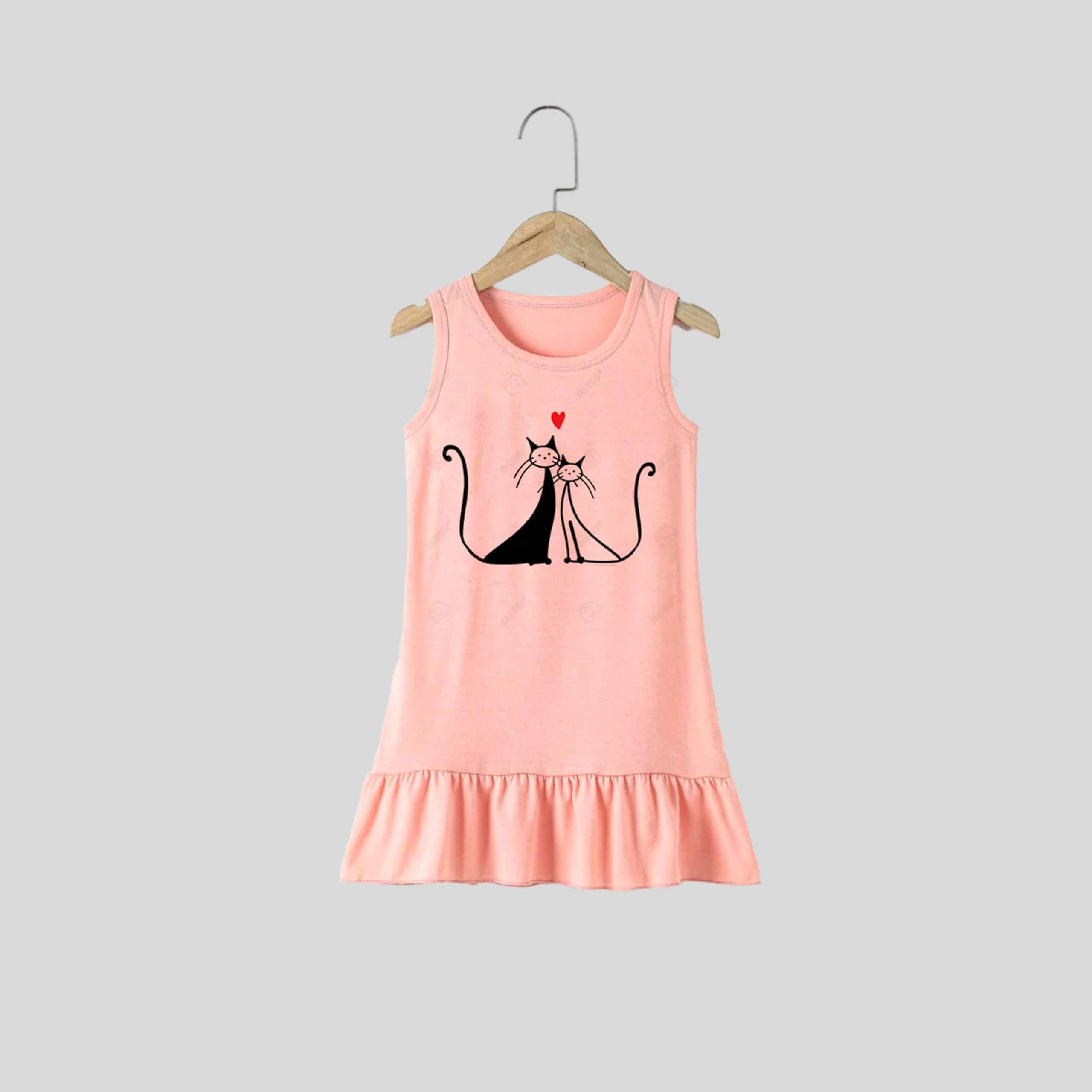 Girls Pink Sleeveless Pretty Cat Print Dress - RKFCW312