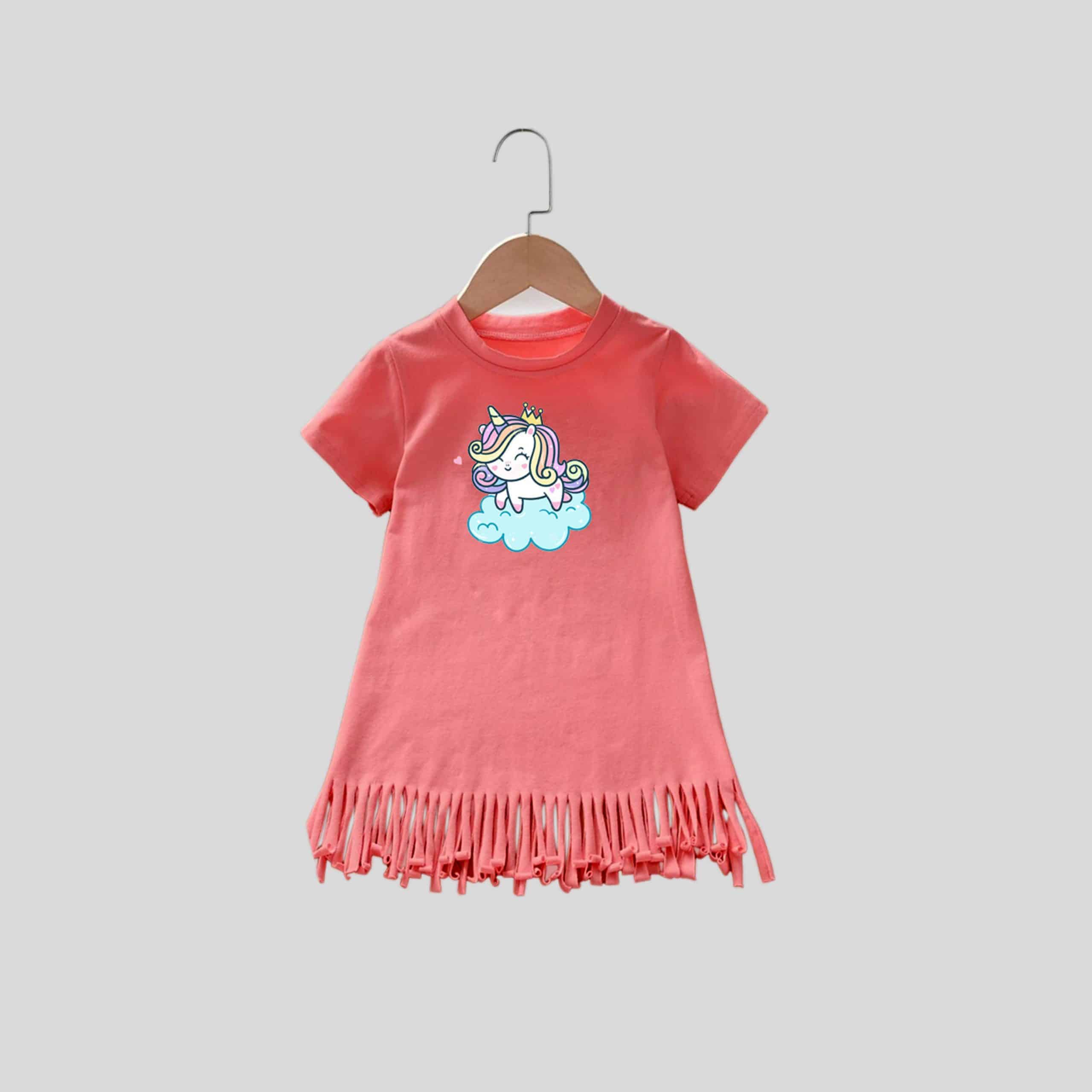 Girls Pink Fringe Dress with Unicorn Print - RKFCW313