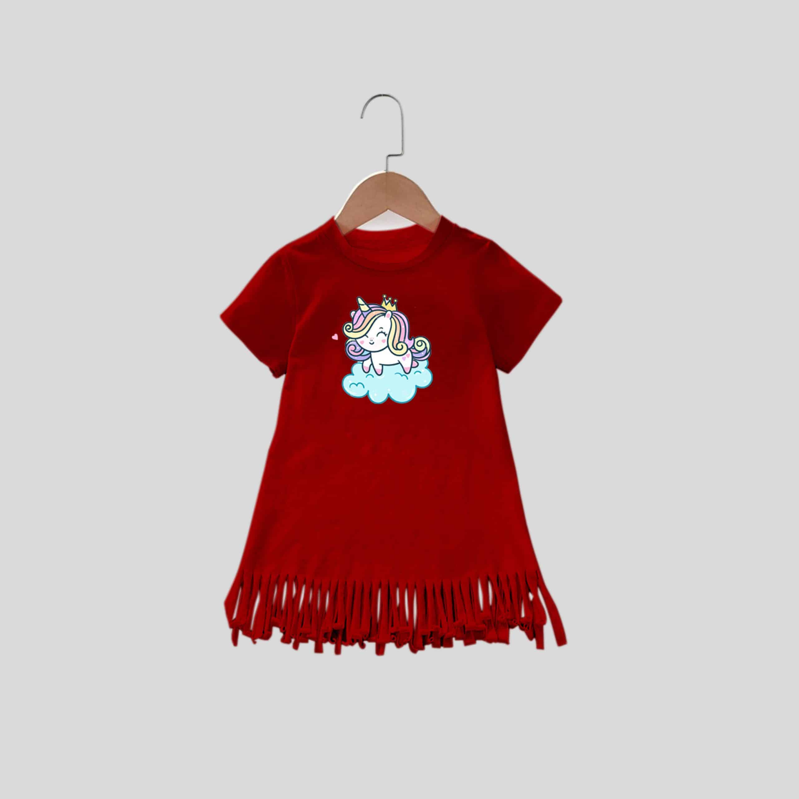 Girls Maroon Fringe Dress with Unicorn Print - RKFCW314