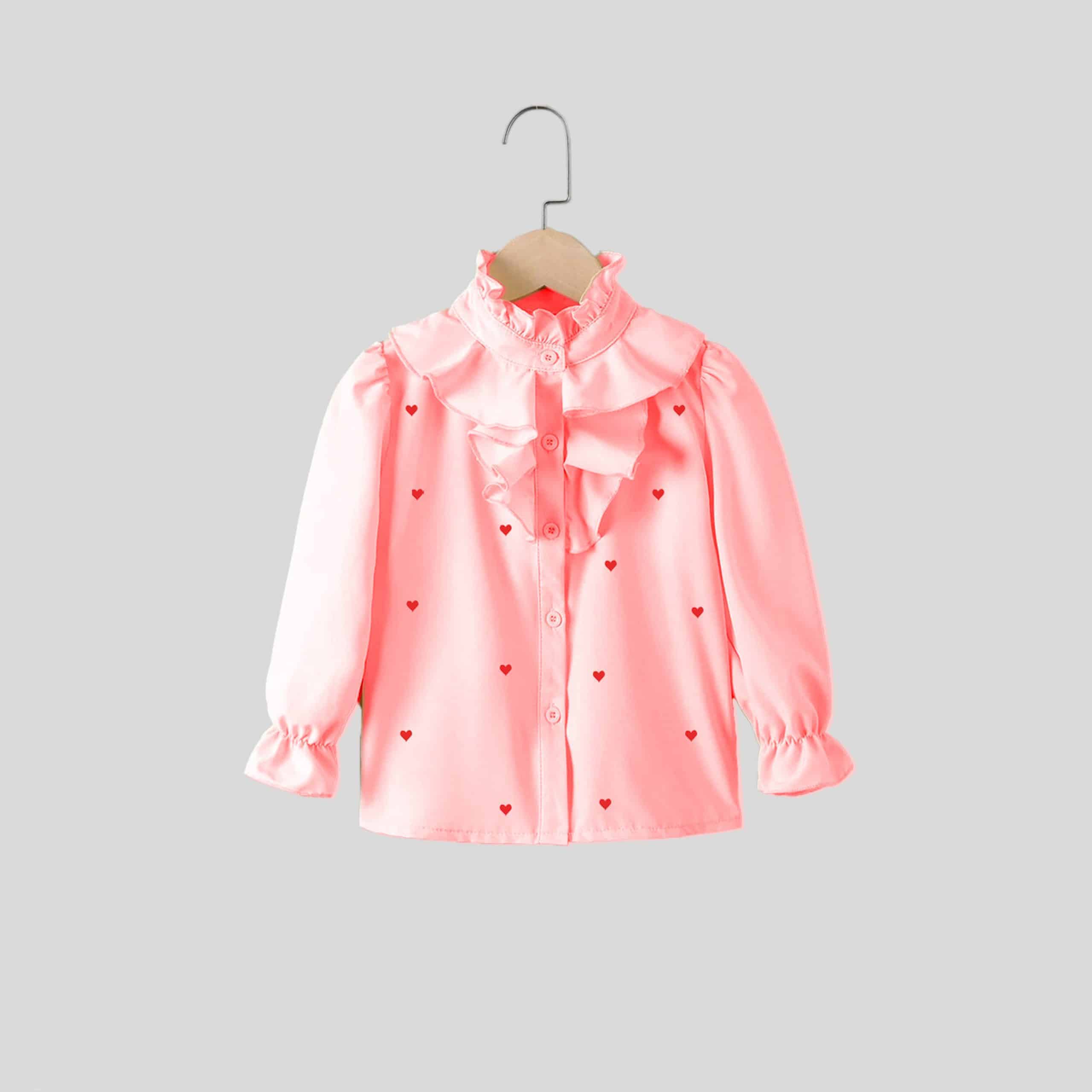 Girls Pink Little Heart Print Frill Top - RKFCW317
