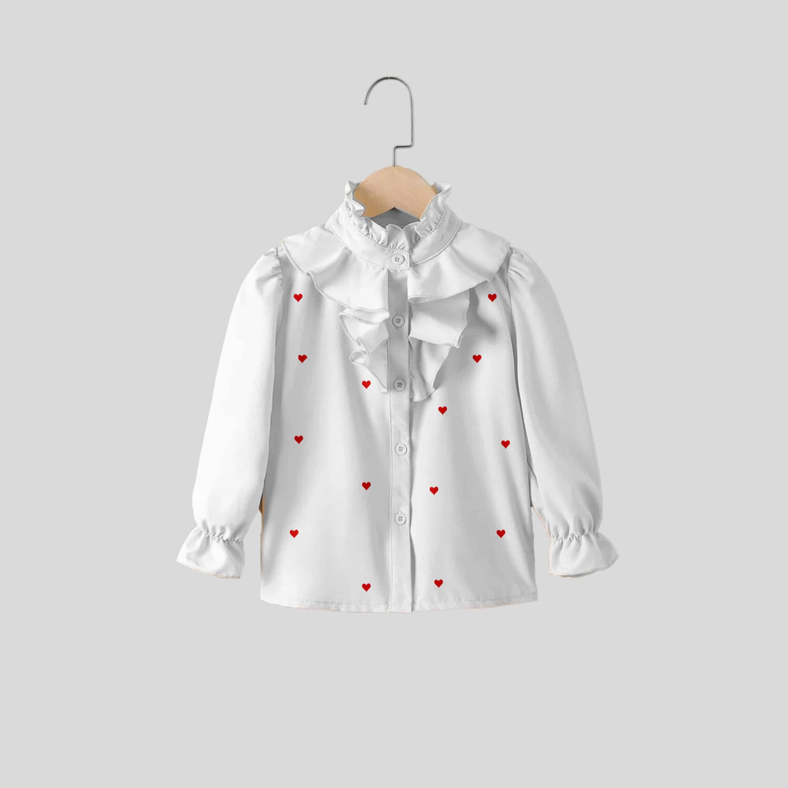 Girls White Little Heart Print Frill Top - RKFCW318