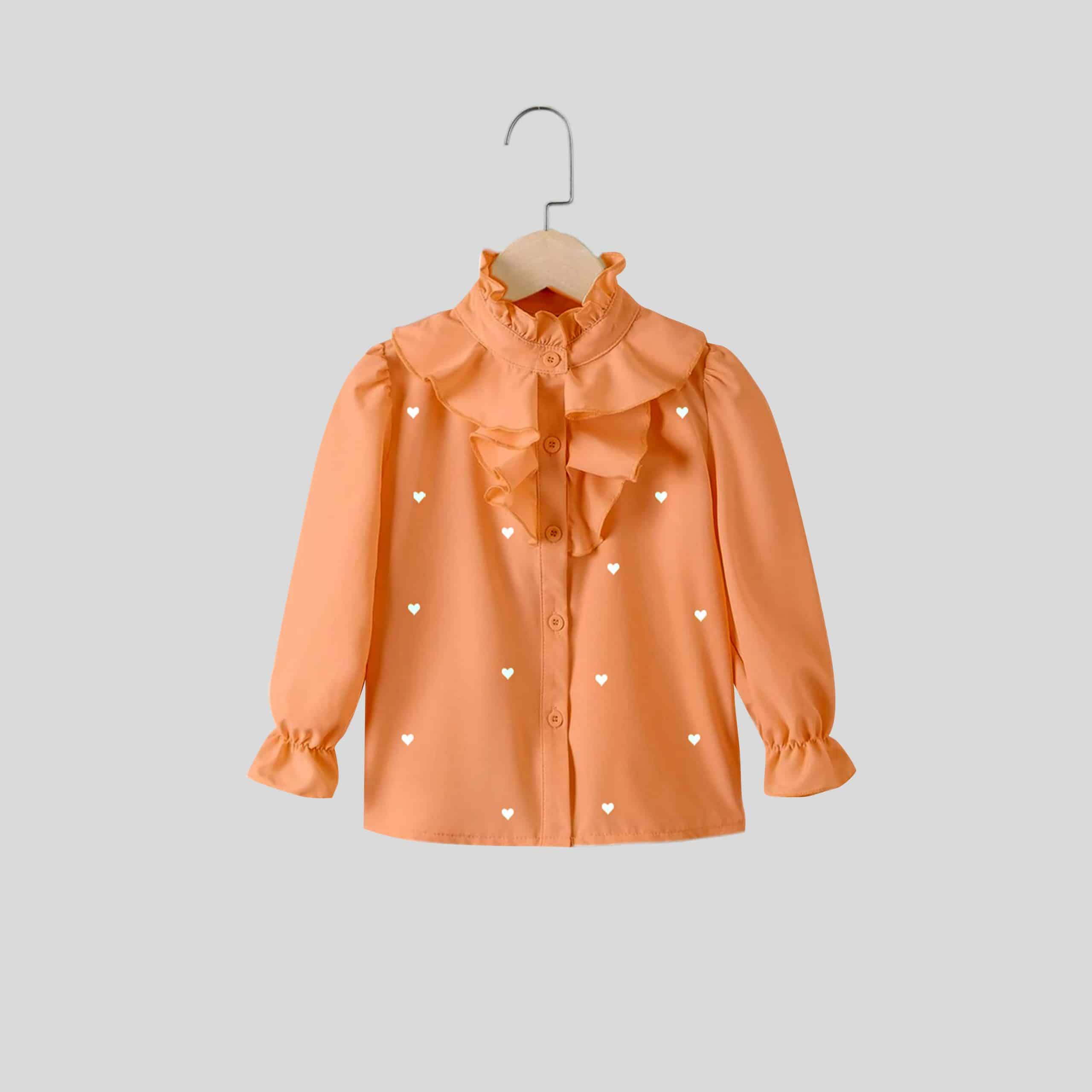 Girls Orange Little Heart Print Frill Top - RKFCW319