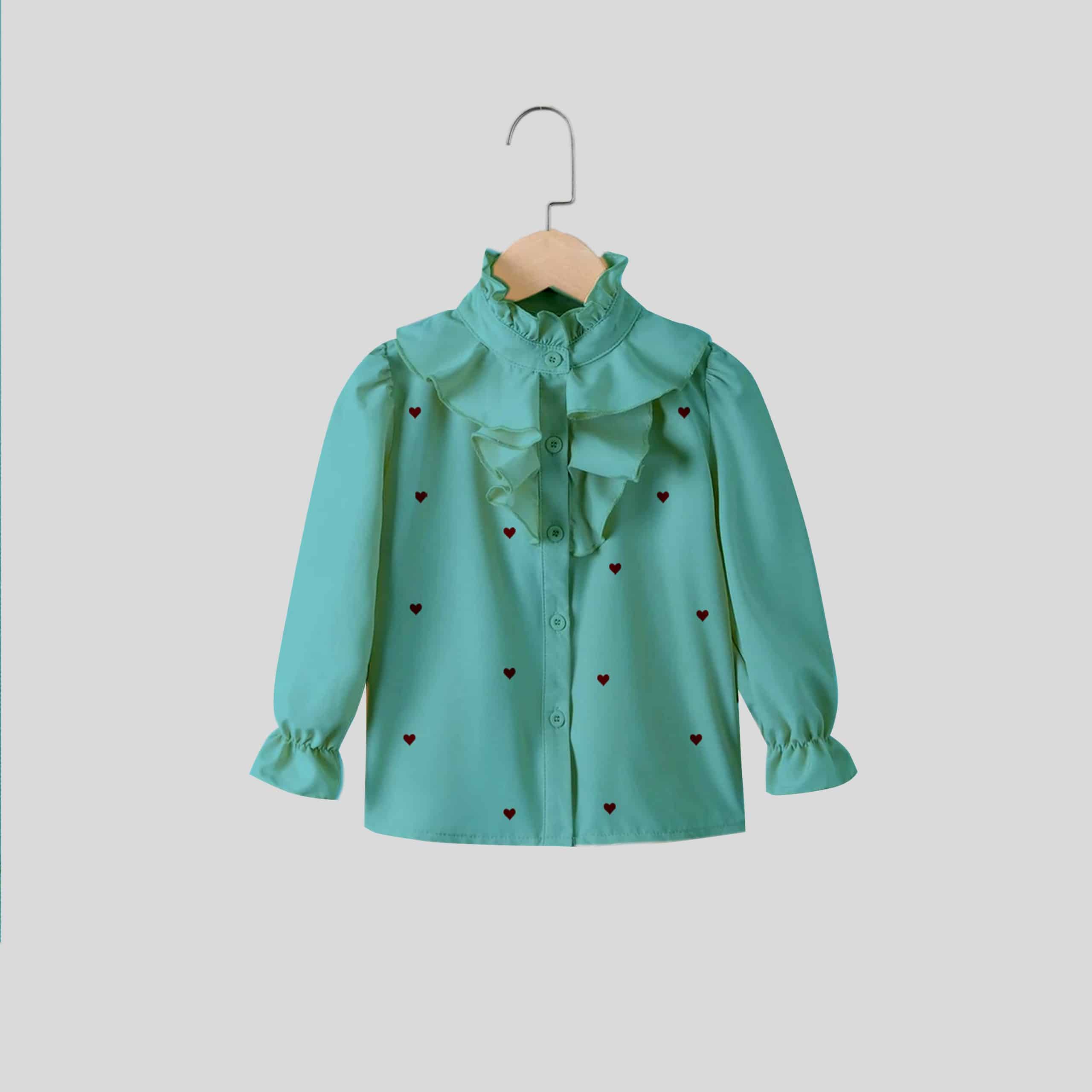 Girls Green Little Heart Print Frill Top - RKFCW320