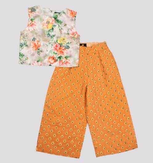 Girls White Top with Flower Print & Palazzo Bottom-RKFCW33
