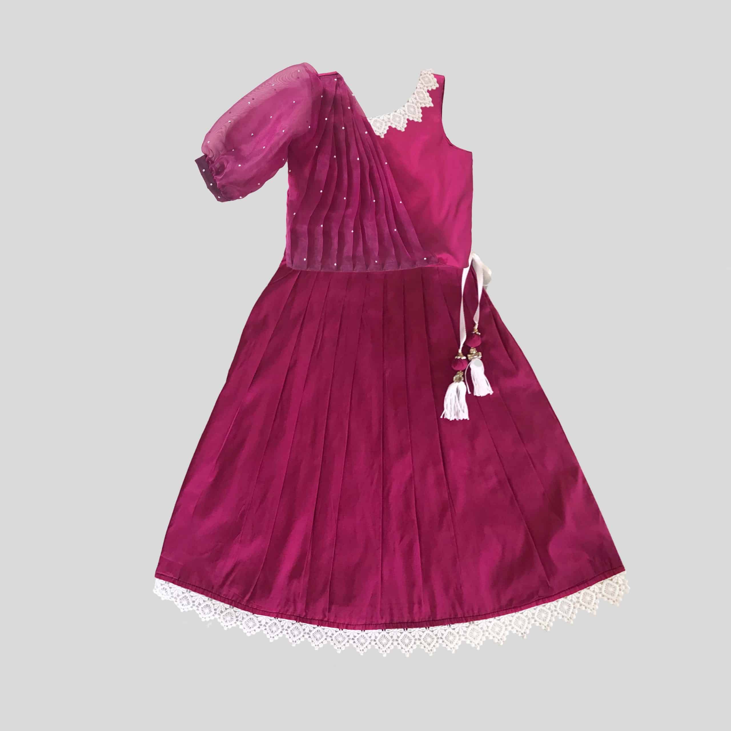 Girls Magenta Draped Ethnic Top and Lehenga Set - RKFCW342