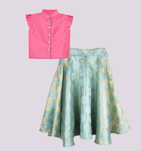 Girls light Pink Top with Light blue Lehenga-RKFCW36