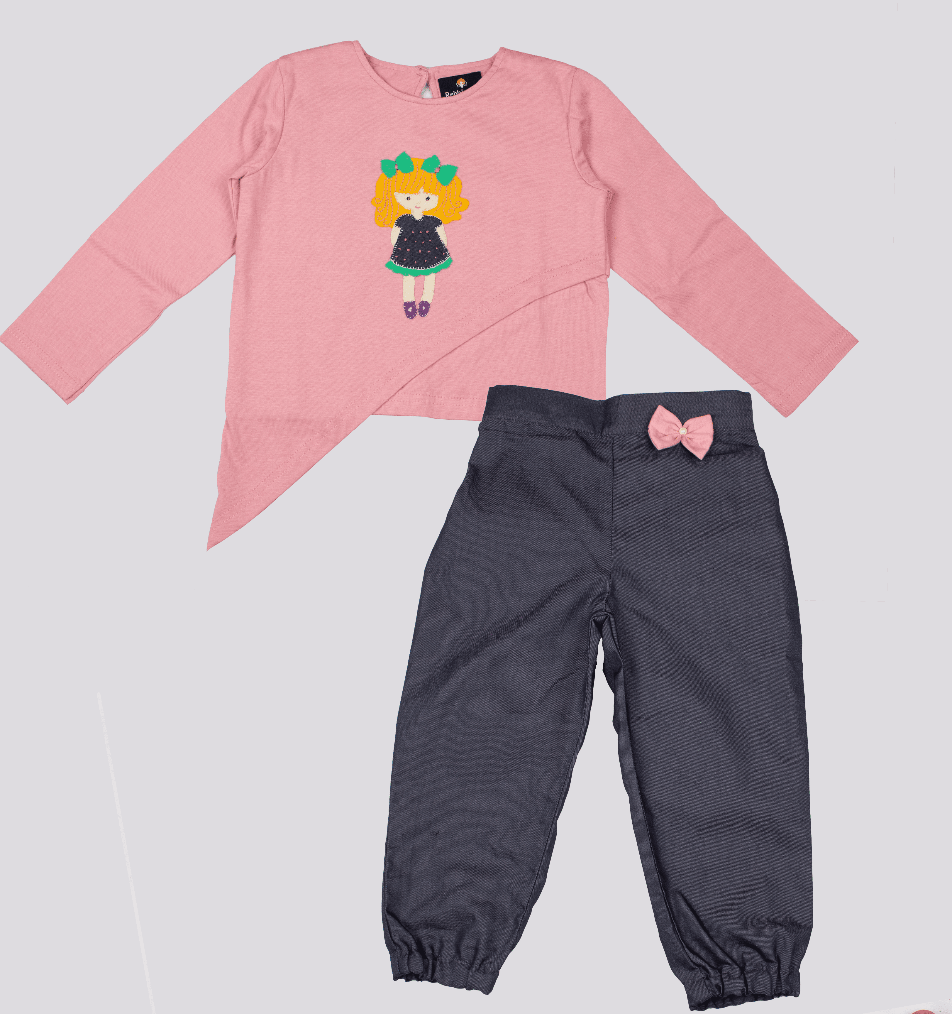 Girls assyemtrical baby pink with long pants with cute bow-RKFCW83