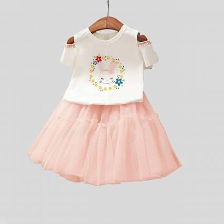 Beautifull whie floral print and baby pink net frilled skirt-RKFCW88