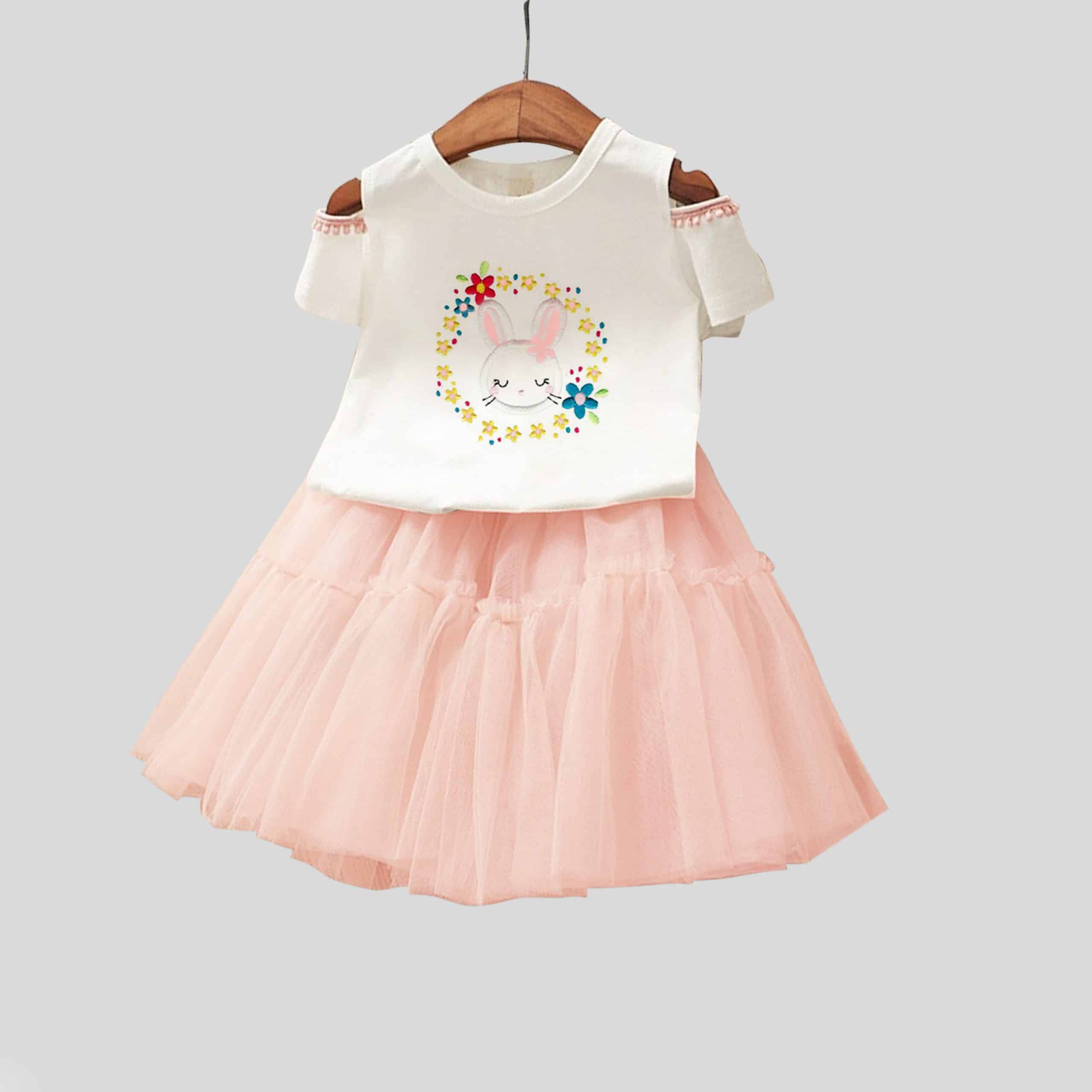 Beautifull whie floral print and baby pink net frilled skirt-RKFCW88