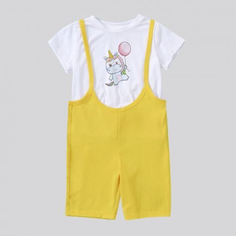 Two piece yellow girl's jumpsuit with unicorn print for causal wear-RKFCW94
