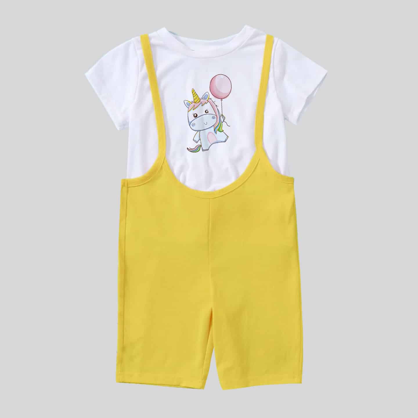 Two piece yellow girl's jumpsuit with unicorn print for causal wear-RKFCW94