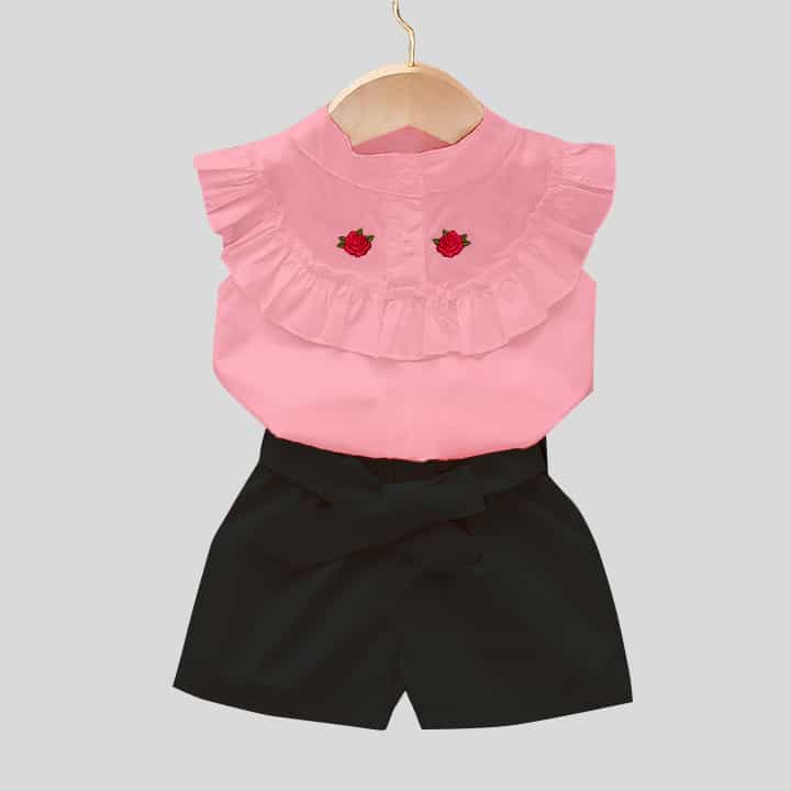 Baby pink top with frills and nehru collar with rose print and black causal pant-RKFCW96