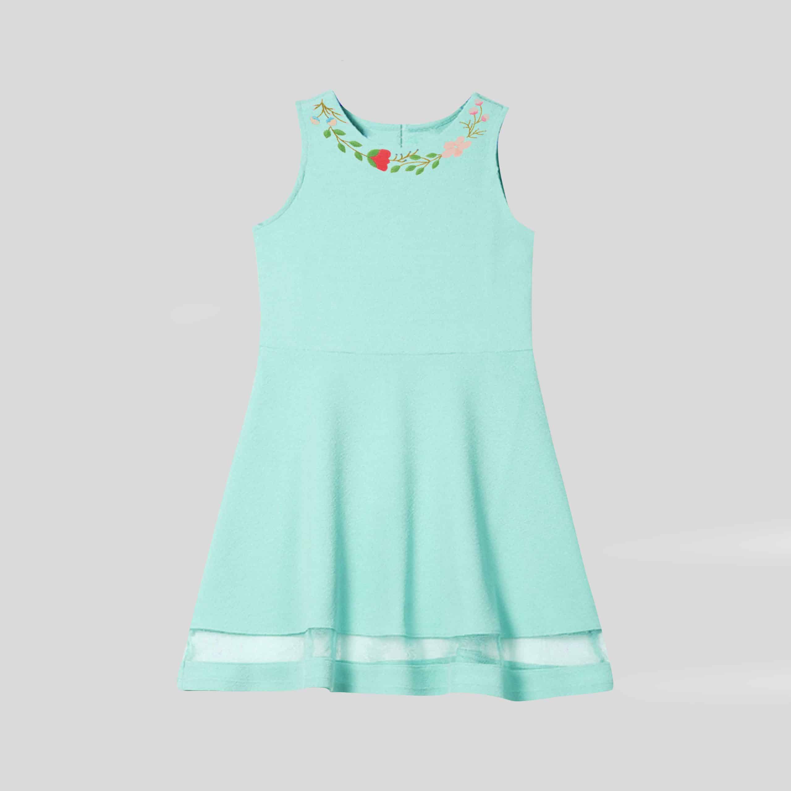 Light blue girl's frock with floral print on neck with net at bottom-RKFCW97
