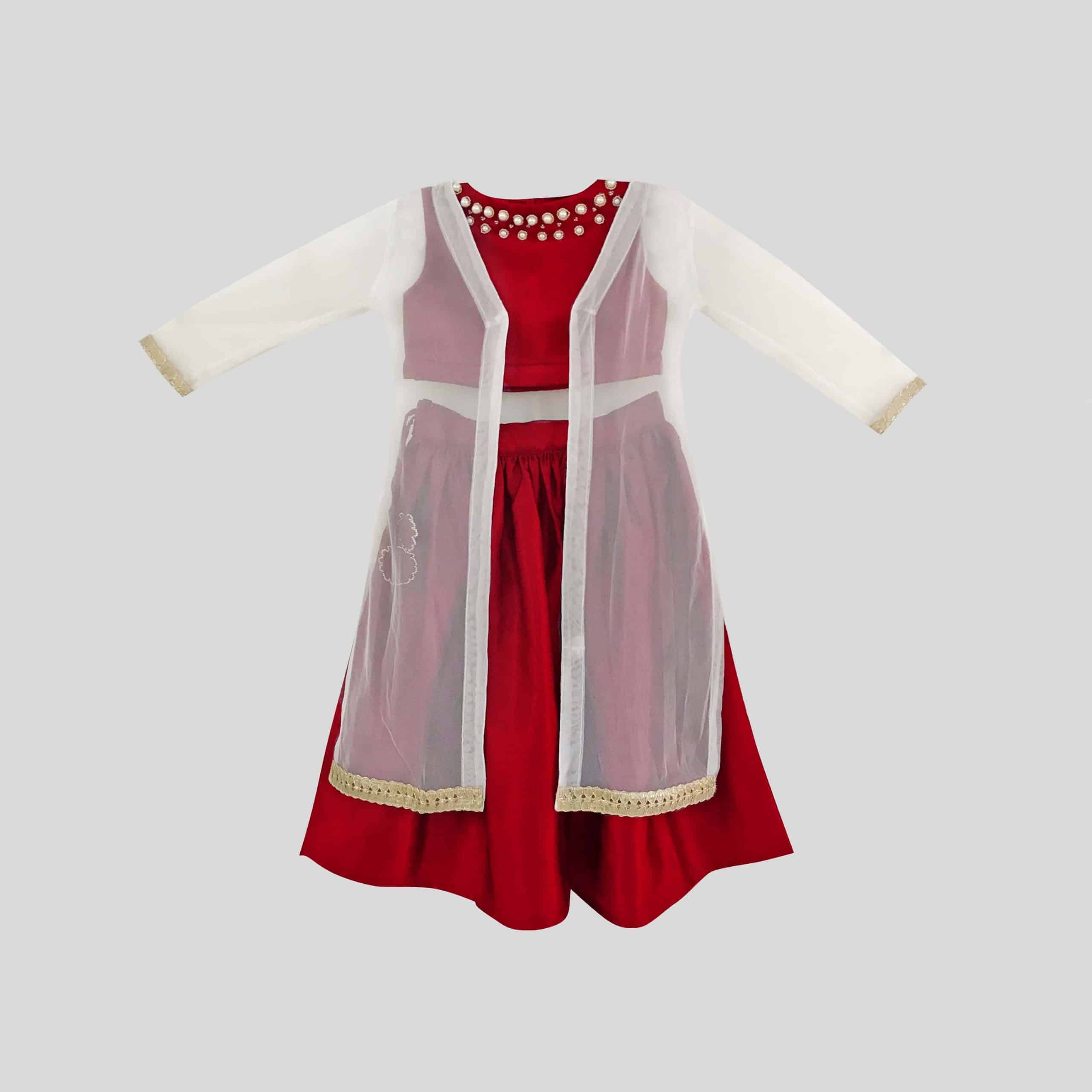Girls Red Sleeveless Top and Lehenga Set - RKFCW346