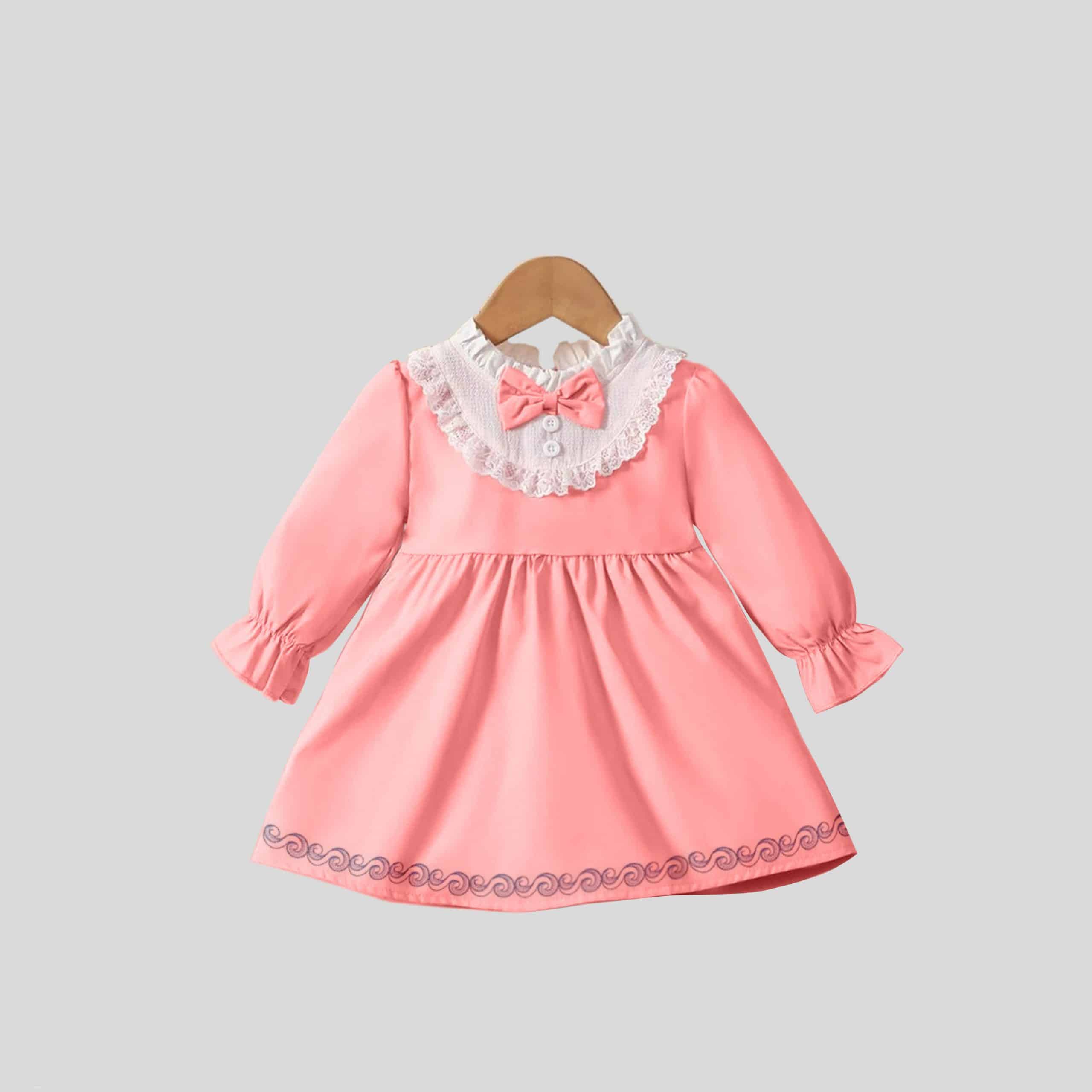 Girls Peach Pink Full Sleeves Pretty Yoke On Bow Dress - RKFCW347