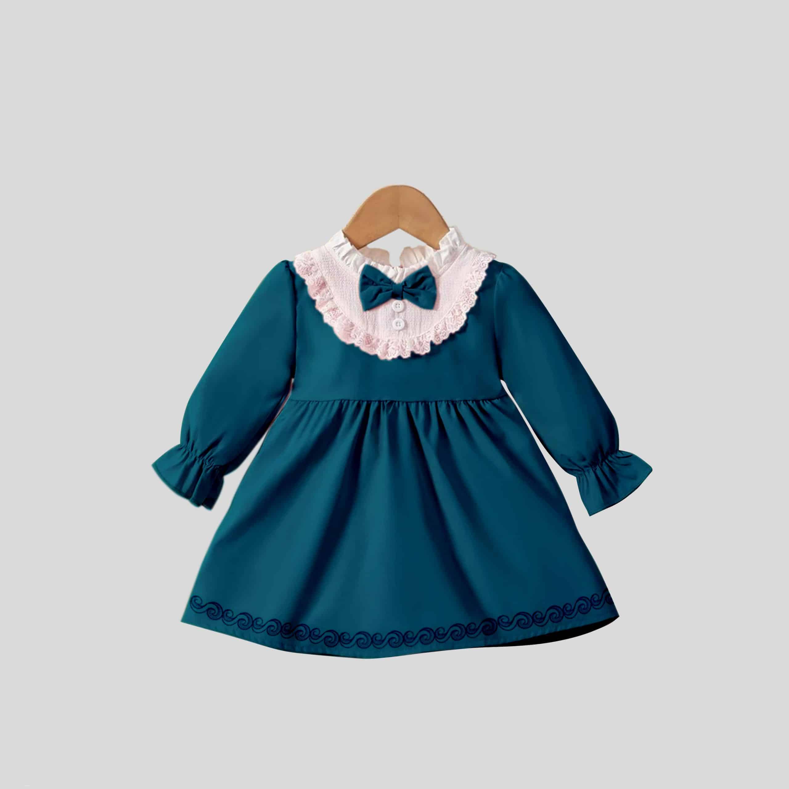 Girls Teal Full Sleeves Pretty Yoke on Bow Dress - RKFCW348