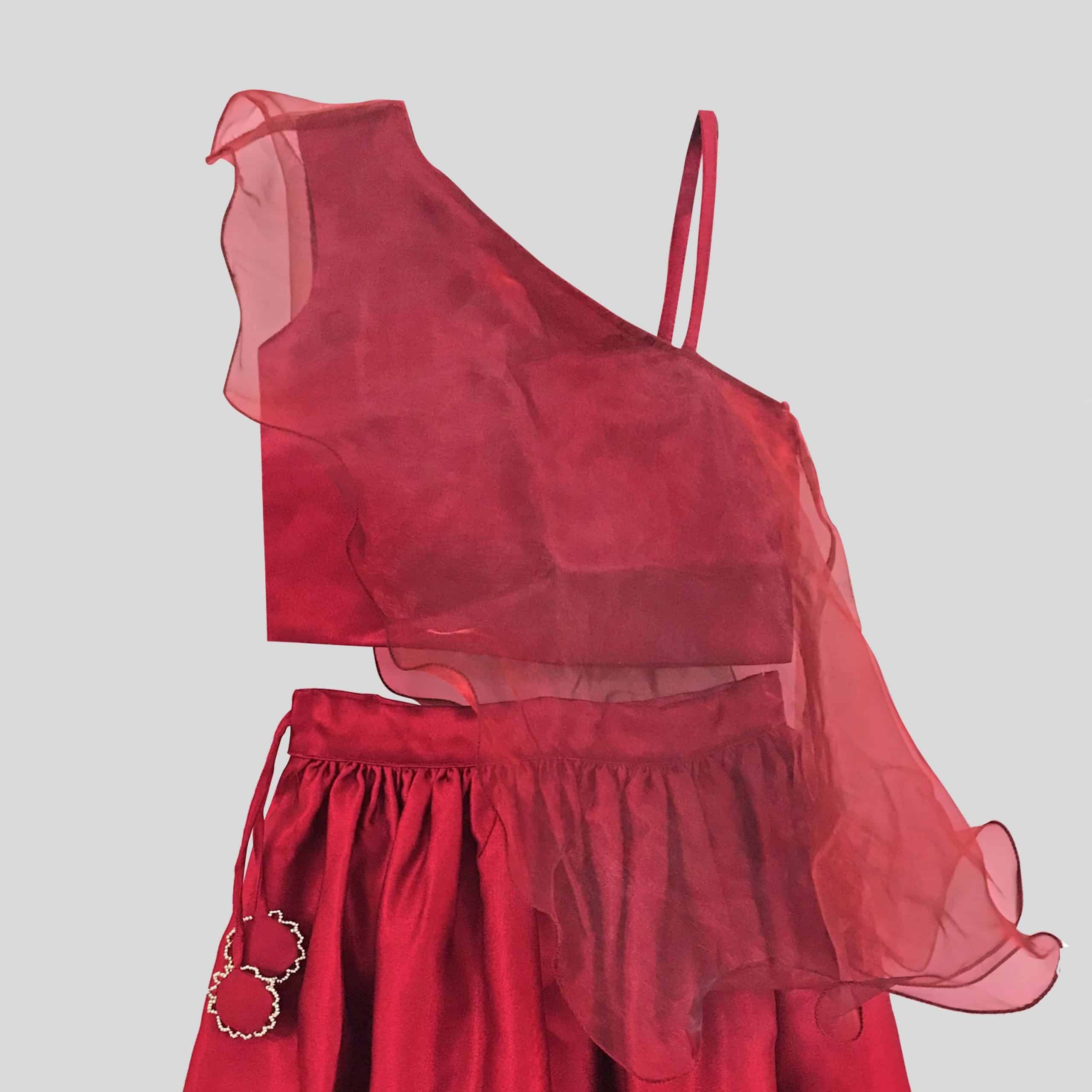 Girls Red Party One-Shoulder Top with Draped Overlay - RKFCW350