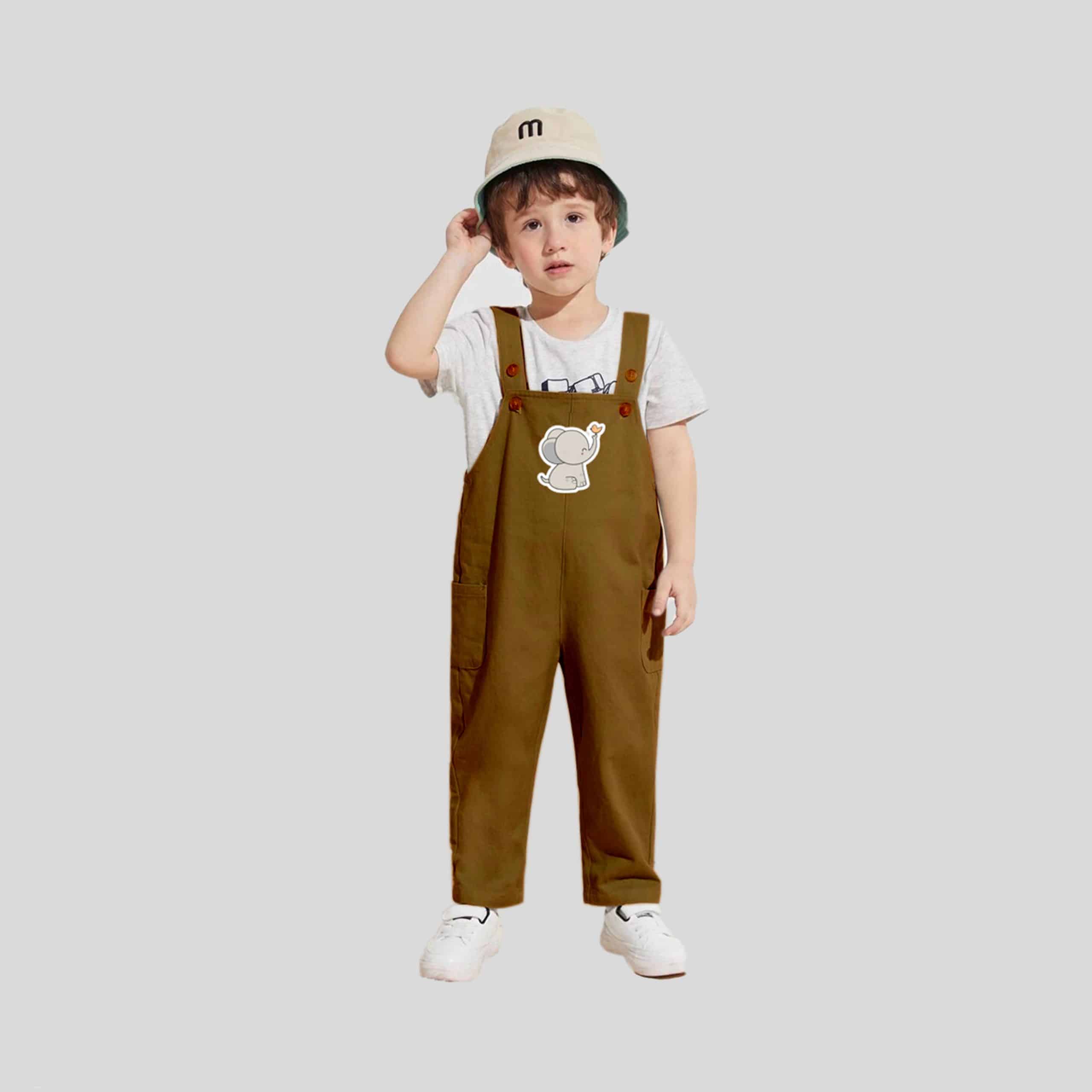 Boys Brown Khaki Dungarees with Cute Elephant Print - RKFCW187