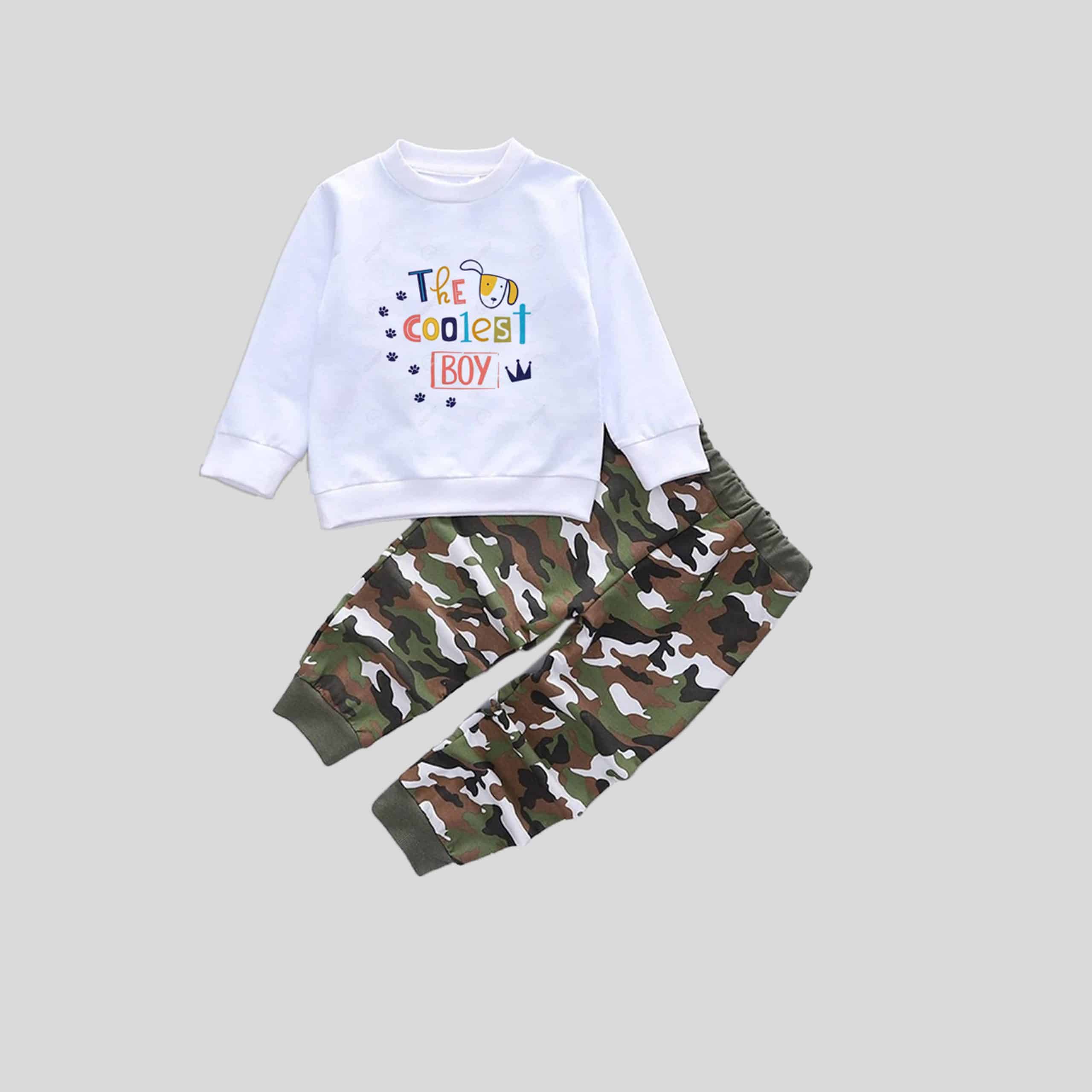Boys White Sweatshirt with a Fun Print and Camo Pant Set - RKFCW369