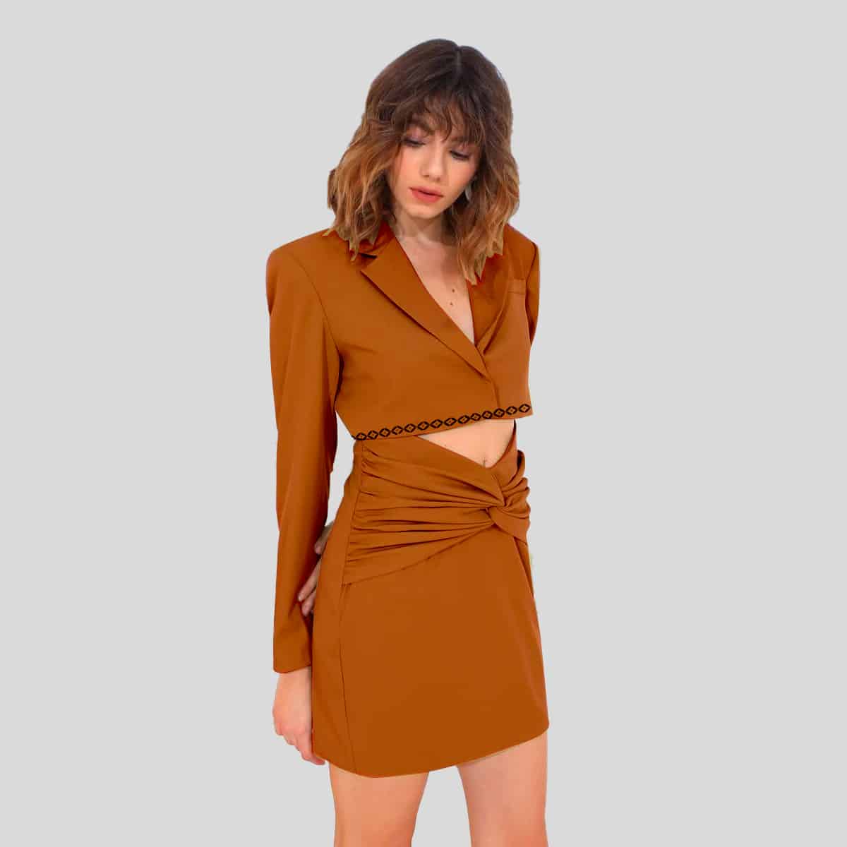 Russet Color Notched Collar Cutout Twist Front Dress-RCD019