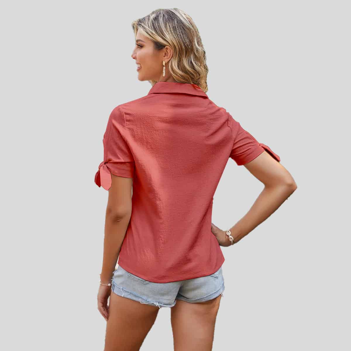 Peach Knotted Cuff Button Up Blouse-RCT022