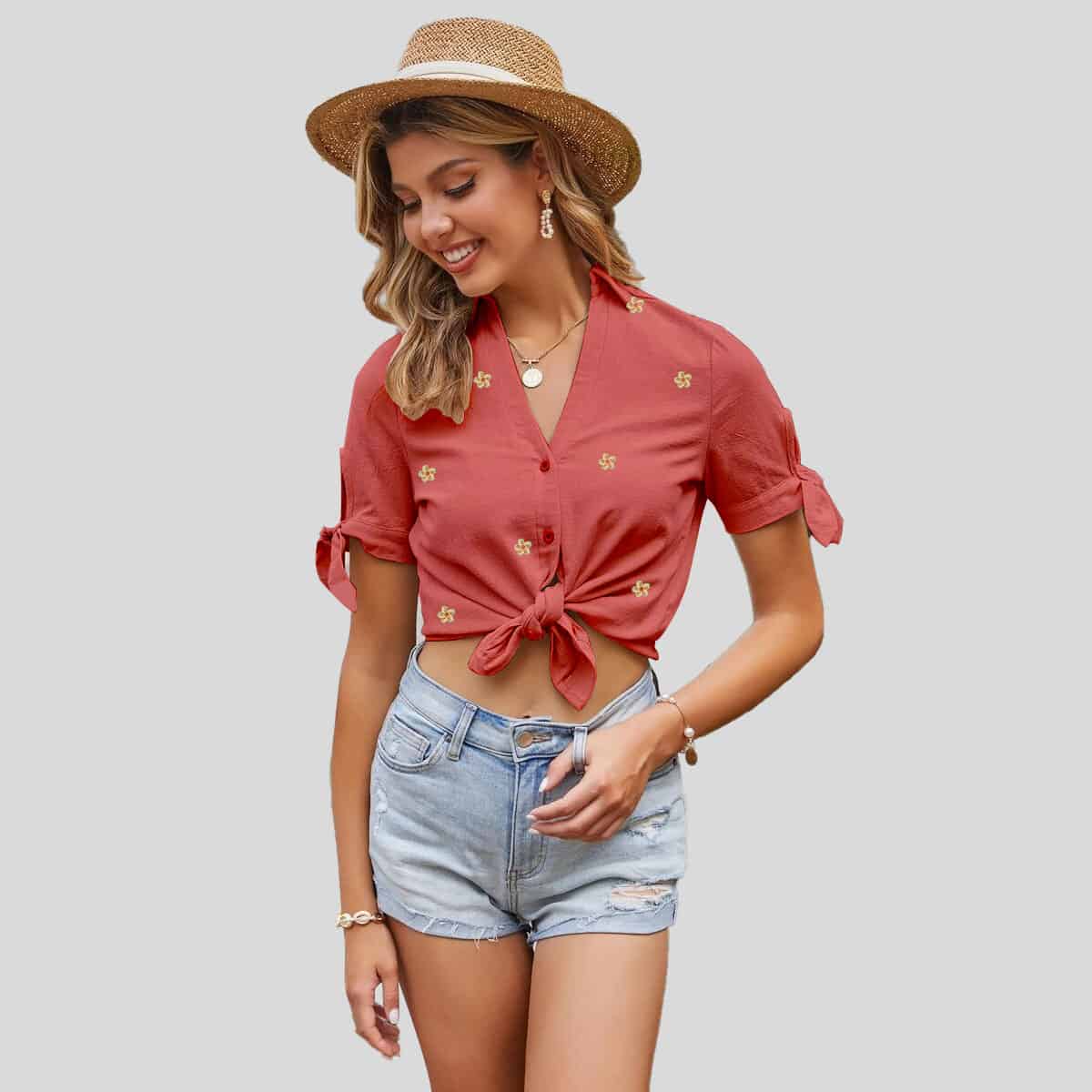 Peach Knotted Cuff Button Up Blouse-RCT022