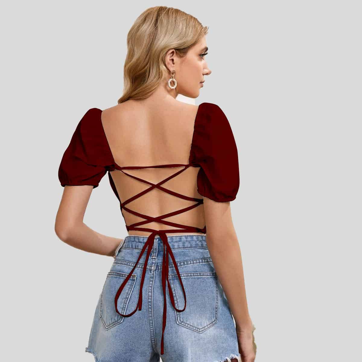 Wine Red Lace Up Back Rucked Front Crop Top-RCT023
