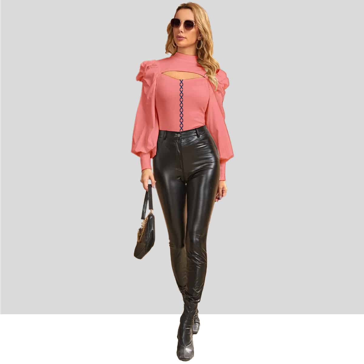Baby pink Rucked Puff Sleeve Cut Out Mock Neck Top-RCT032