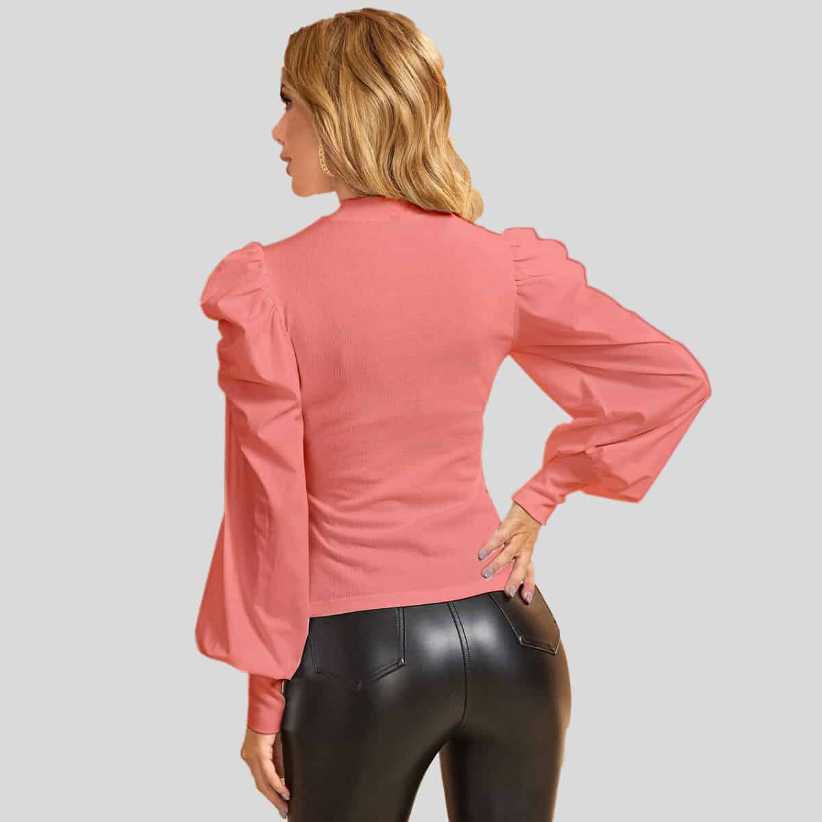 Baby pink Rucked Puff Sleeve Cut Out Mock Neck Top-RCT032