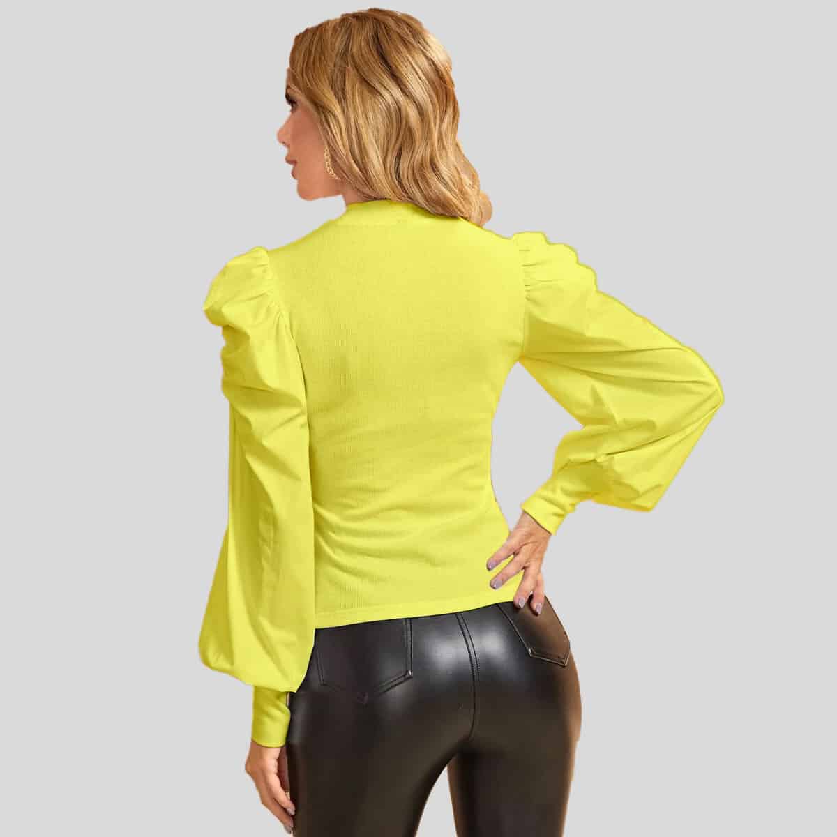 Yellow Rucked Puff Sleeve Cut Out Mock Neck Top-RCT033