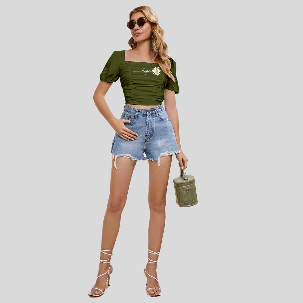 Juniper Green Lace Up Back Rucked Front Crop Top-RCT034