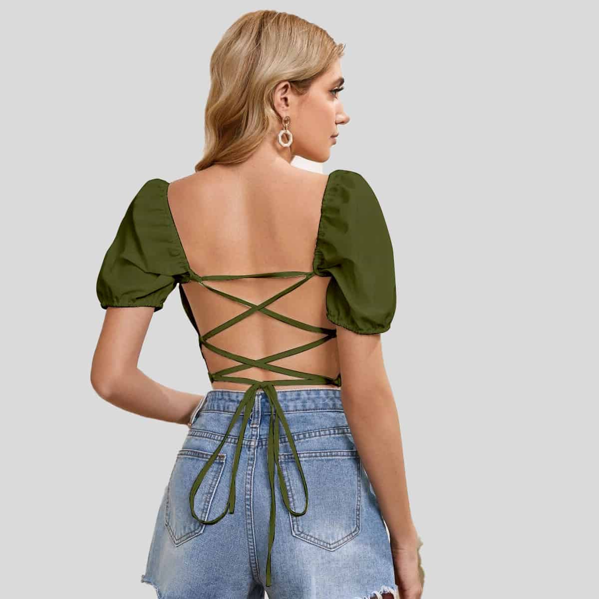 Juniper Green Lace Up Back Rucked Front Crop Top-RCT034