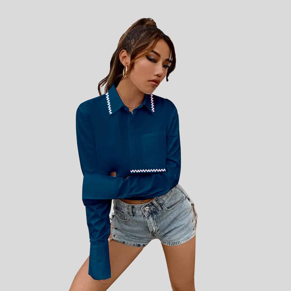 Prussian Blue Button Front Crop T-shirt-RCT035