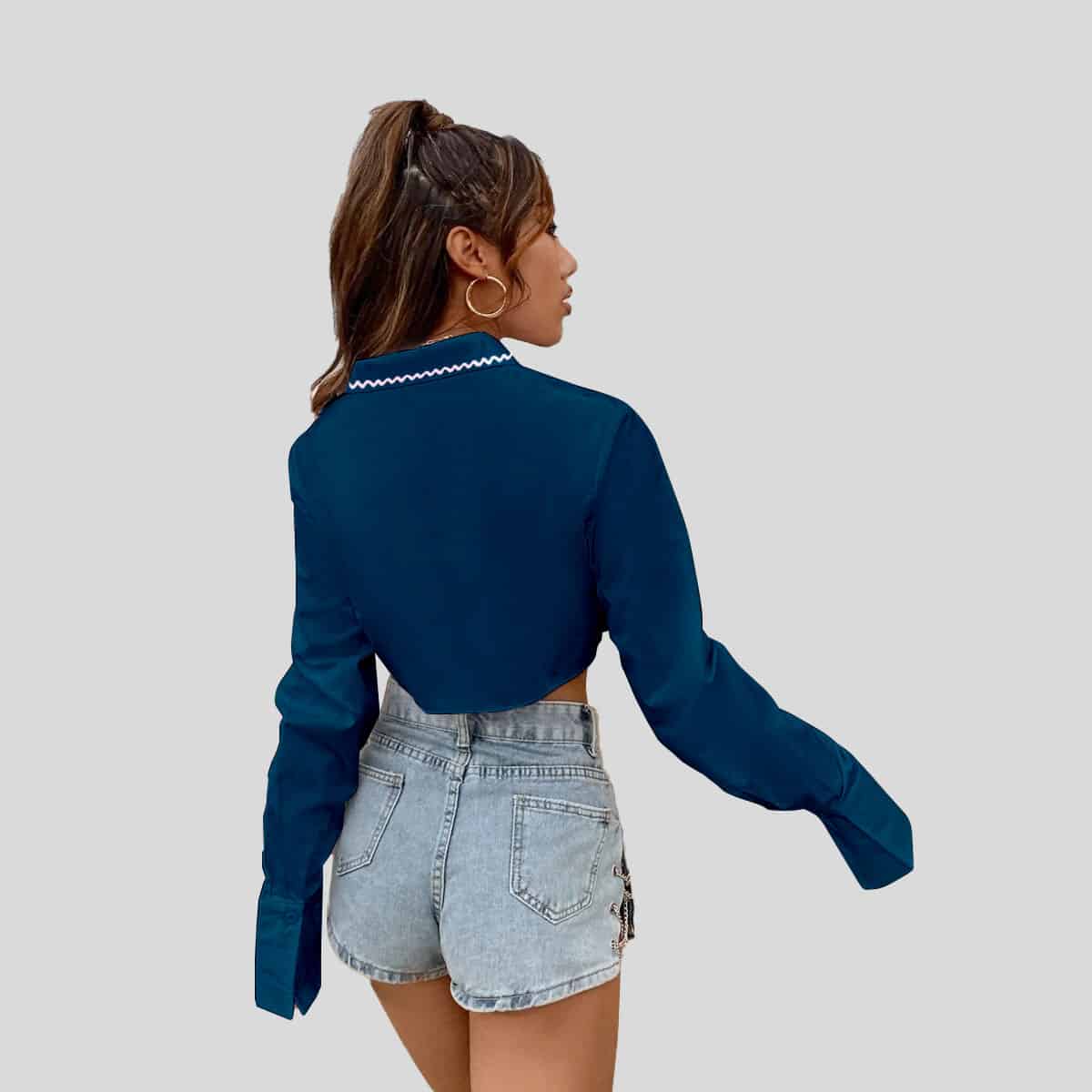 Prussian Blue Button Front Crop T-shirt-RCT035