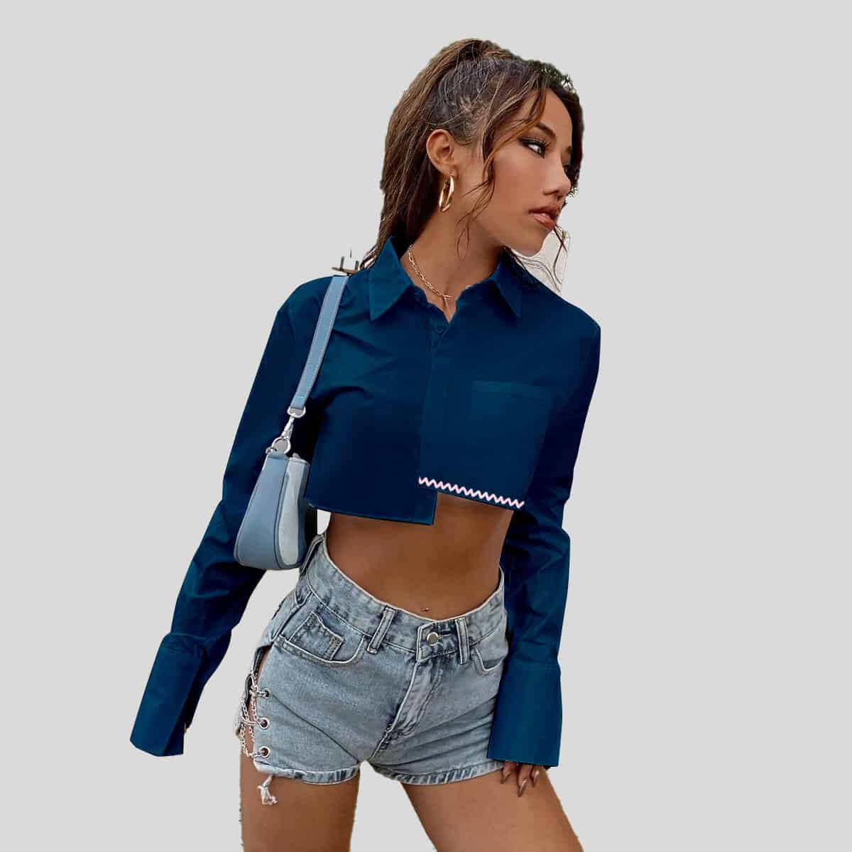 Prussian Blue Button Front Crop T-shirt-RCT035