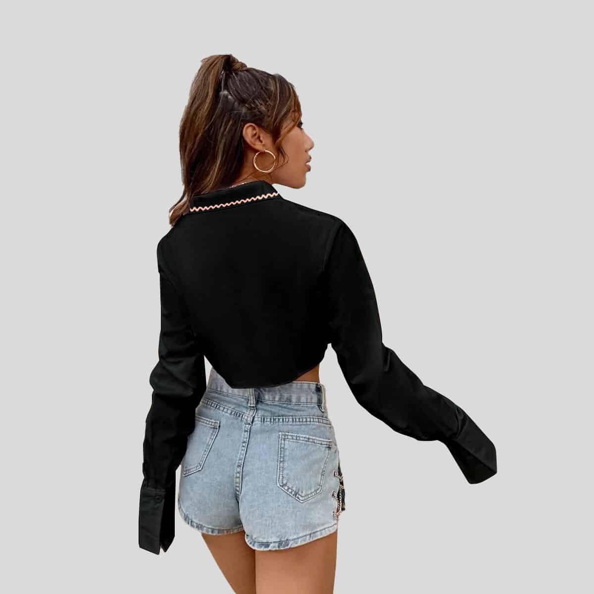 Black Button Front Crop T-shirt-RCT036